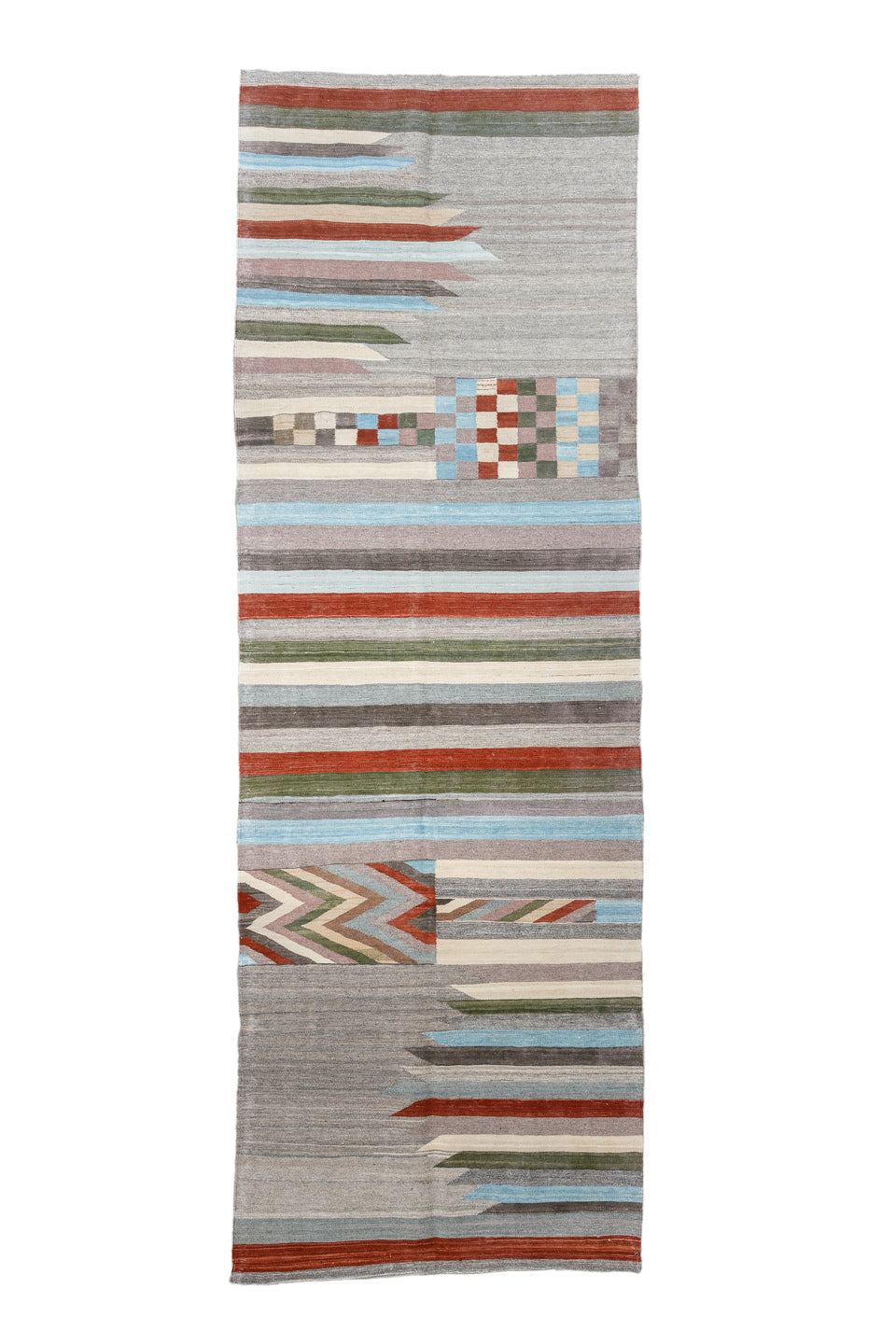 3' x 9' one-of-a-kind handmade vintage Kilim runner rug. Color palette: brown, gray, off-white, light gray, light blue, blue