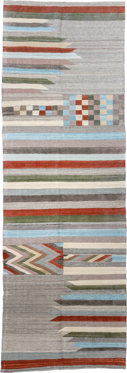 3' x 9' one-of-a-kind handmade vintage Kilim runner rug. Color palette: gray, ivory, rust, pale blue, olive, taupe, charcoal