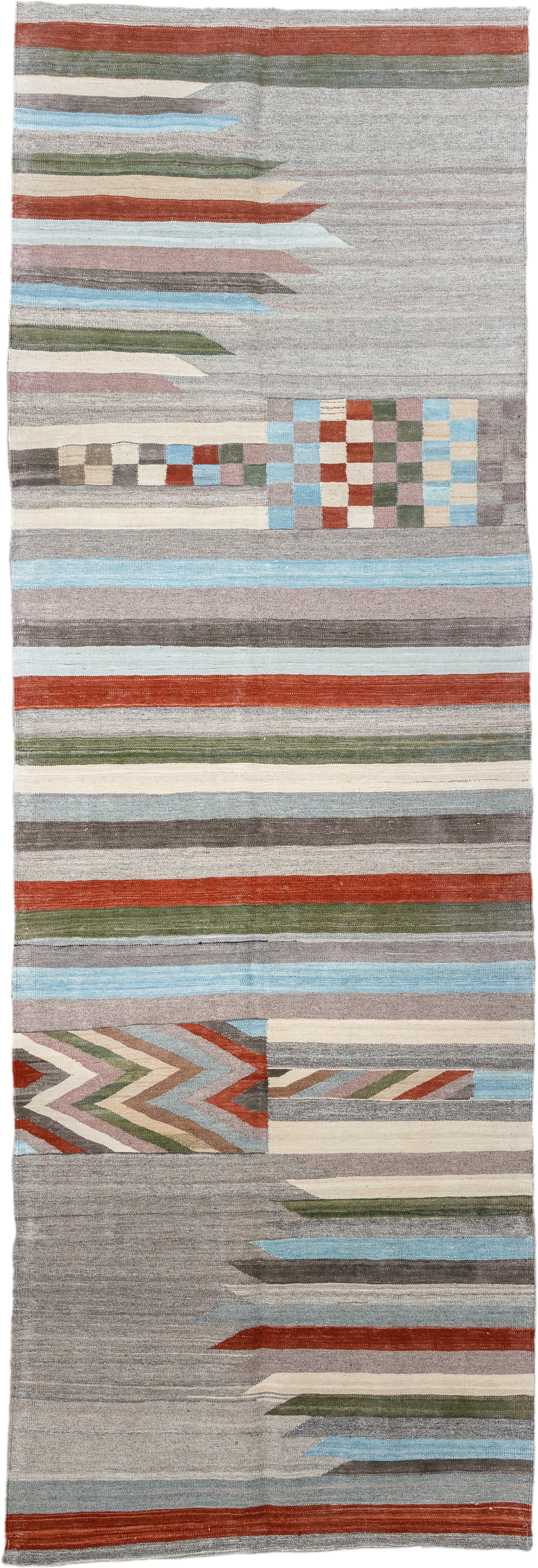 3' x 9' one-of-a-kind handmade vintage Kilim runner rug. Color palette: gray, ivory, rust, pale blue, olive, taupe, charcoal