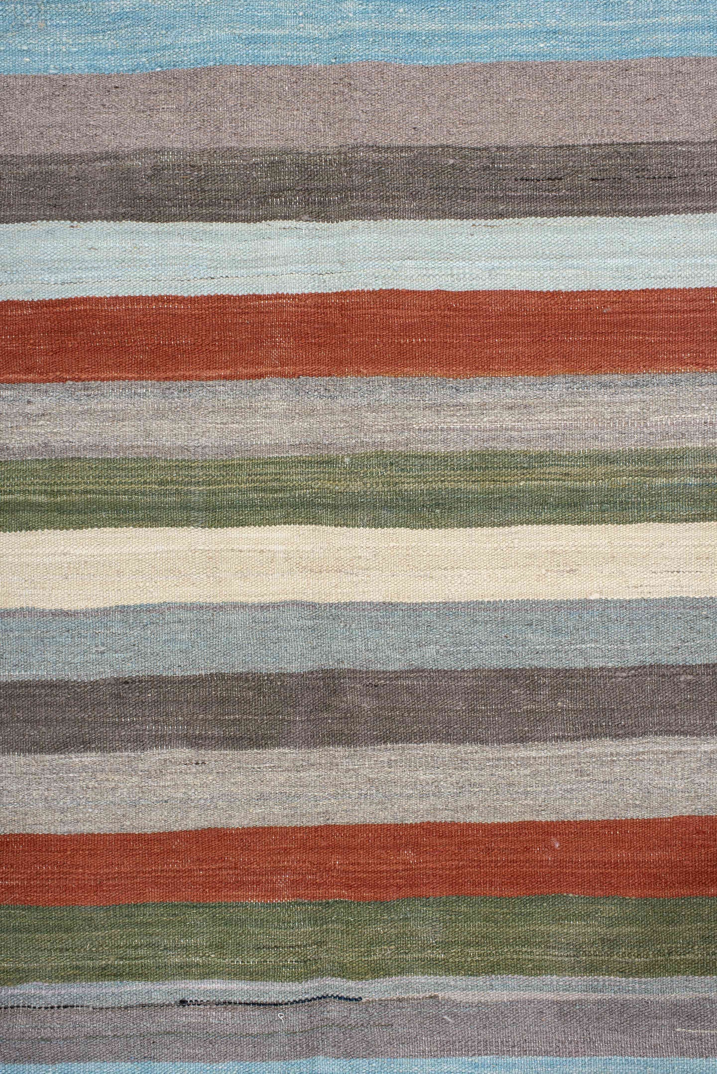 3' x 9' one-of-a-kind handmade vintage Kilim runner rug. Color palette: gray, ivory, rust, pale blue, olive, taupe, charcoal