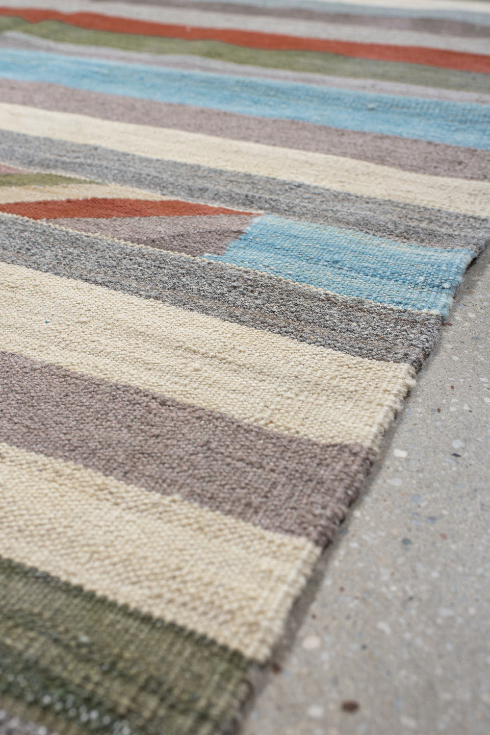 3' x 9' one-of-a-kind handmade vintage Kilim runner rug. Color palette: gray, ivory, rust, pale blue, olive, taupe, charcoal