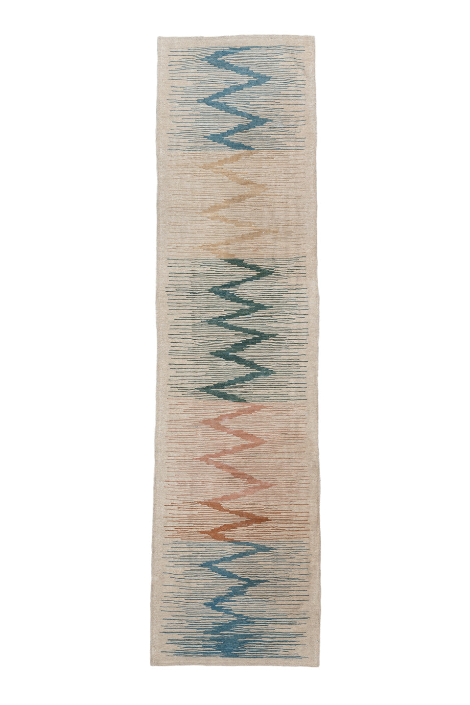 2' x 9' one-of-a-kind handmade vintage Kilim runner rug. Color palette: gray, off-white, blue, pink, brown, light gray