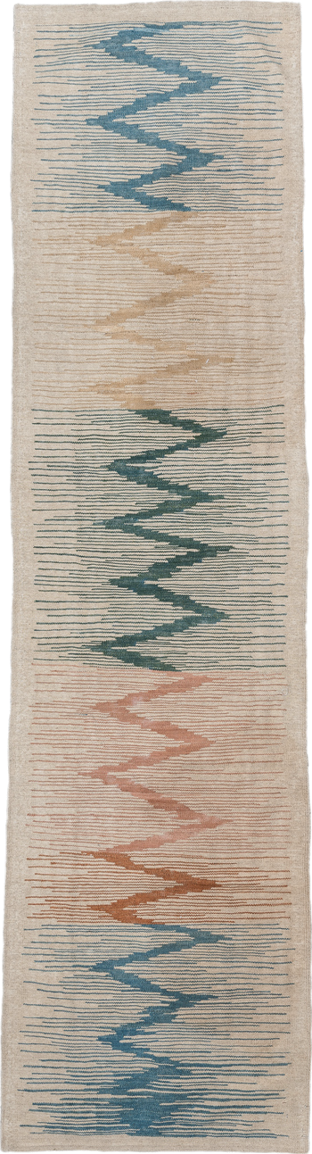 2' x 9' one-of-a-kind handmade vintage Kilim runner rug. Color palette: ivory, sky blue, teal, blush, terra cotta, sand