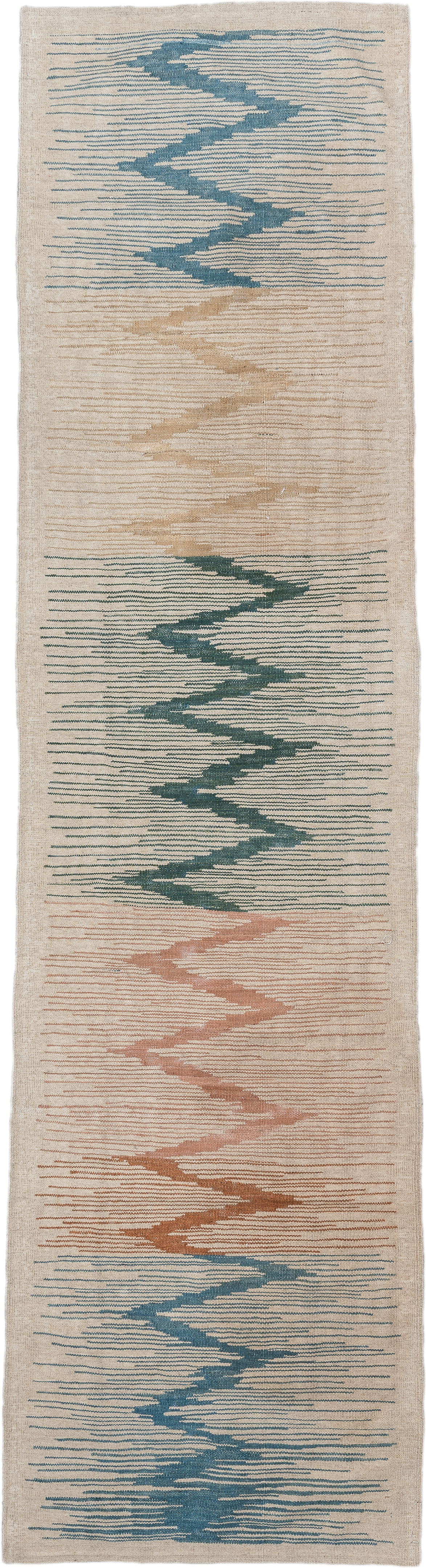 2' x 9' one-of-a-kind handmade vintage Kilim runner rug. Color palette: ivory, sky blue, teal, blush, terra cotta, sand