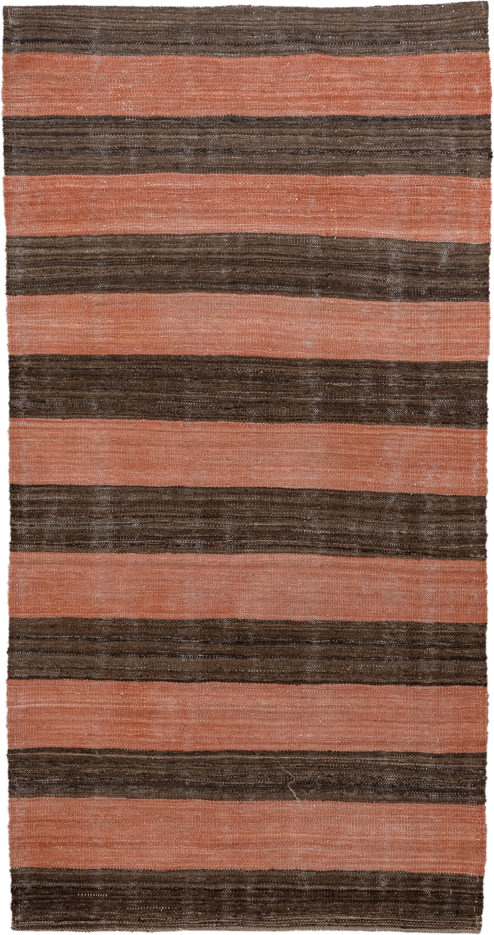 3' x 6' one-of-a-kind handmade vintage Kilim small size rug. Color palette: terra cotta, brown, taupe, terracotta, beige