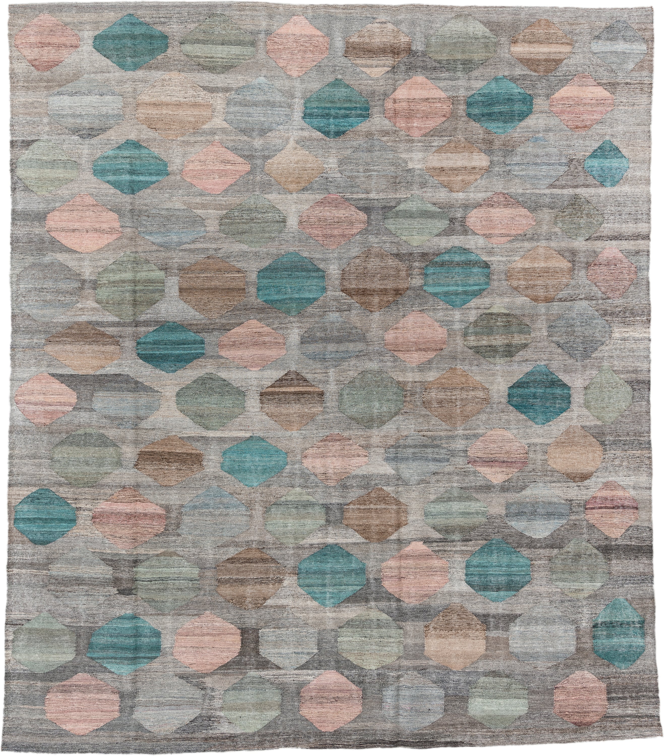 8' x 9' one-of-a-kind handmade vintage Kilim rug. Color palette: gray, taupe, teal, blush, sage, ivory, camel, brown, beige