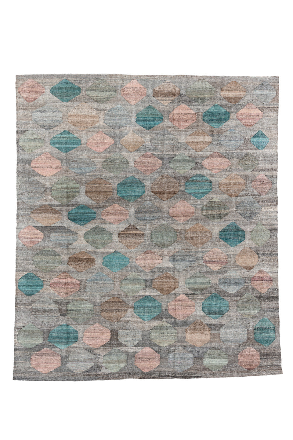 8' x 9' one-of-a-kind handmade vintage Kilim rug. Color palette: blue, brown, dark gray, dim gray, gainsboro, gray