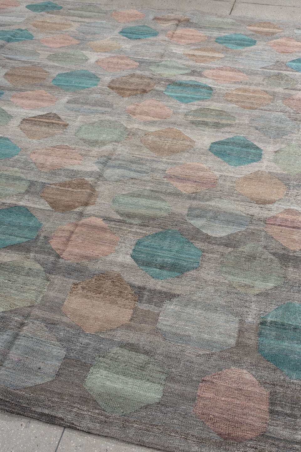 8' x 9' one-of-a-kind handmade vintage Kilim rug. Color palette: gray, taupe, teal, blush, sage, ivory, camel, brown, beige