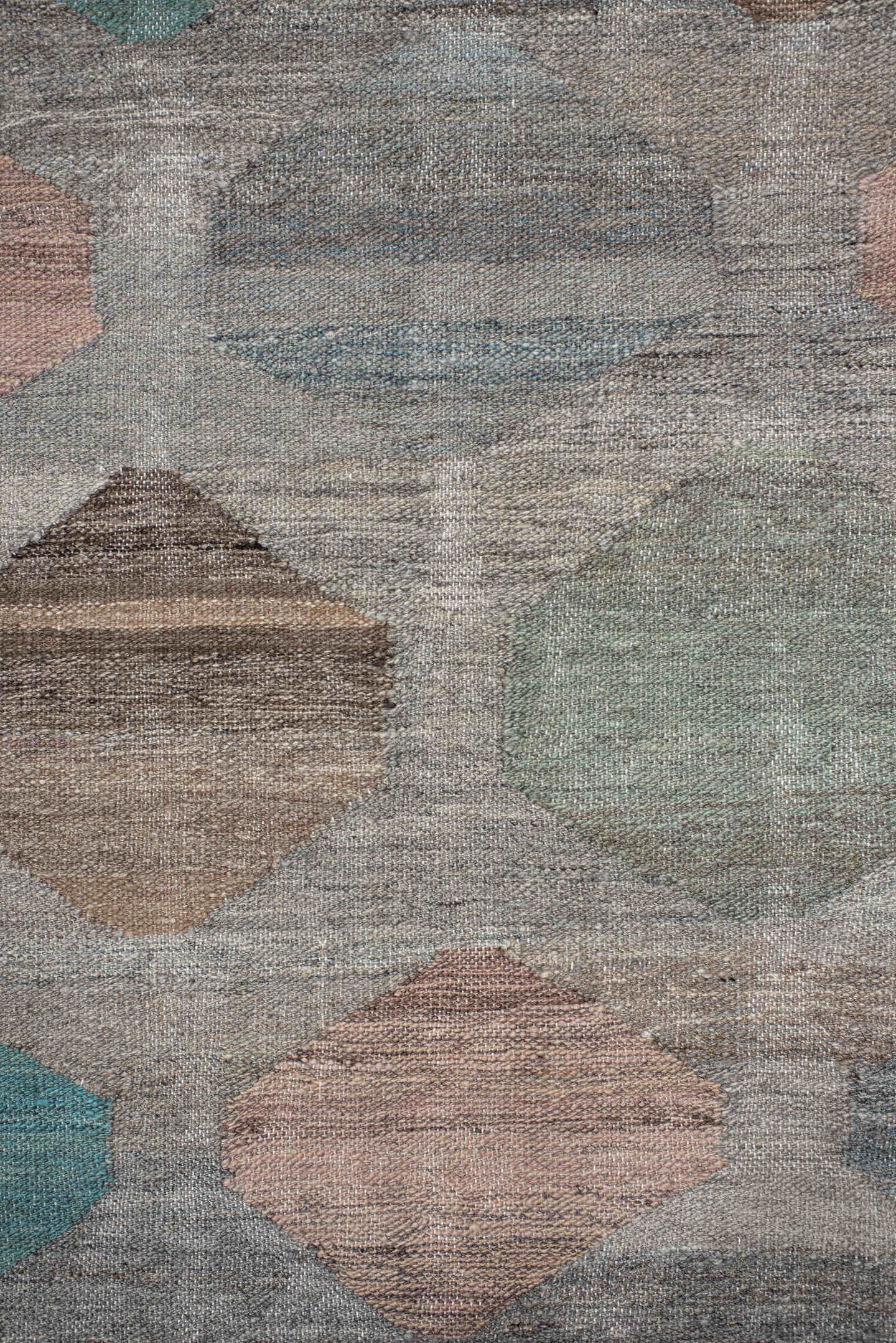 8' x 9' one-of-a-kind handmade vintage Kilim rug. Color palette: gray, taupe, teal, blush, sage, ivory, camel, brown, beige