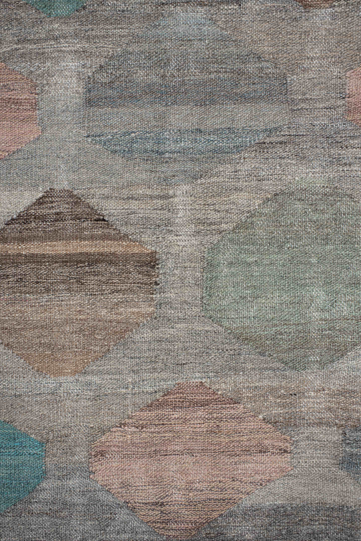 8' x 9' one-of-a-kind handmade vintage Kilim rug. Color palette: gray, taupe, teal, blush, sage, ivory, camel, brown, beige