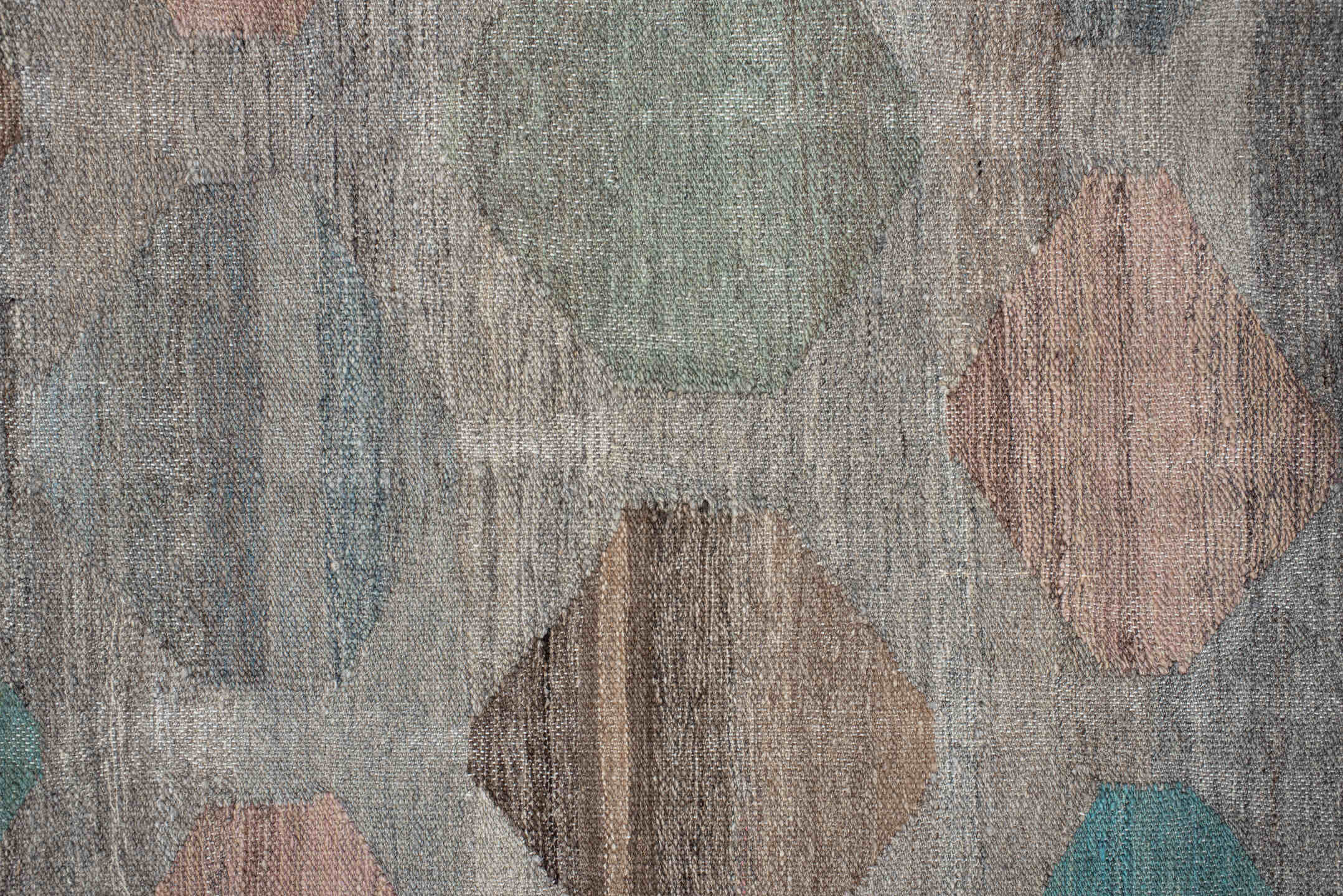 8' x 9' one-of-a-kind handmade vintage Kilim rug. Color palette: blue, brown, dark gray, dim gray, gainsboro, gray