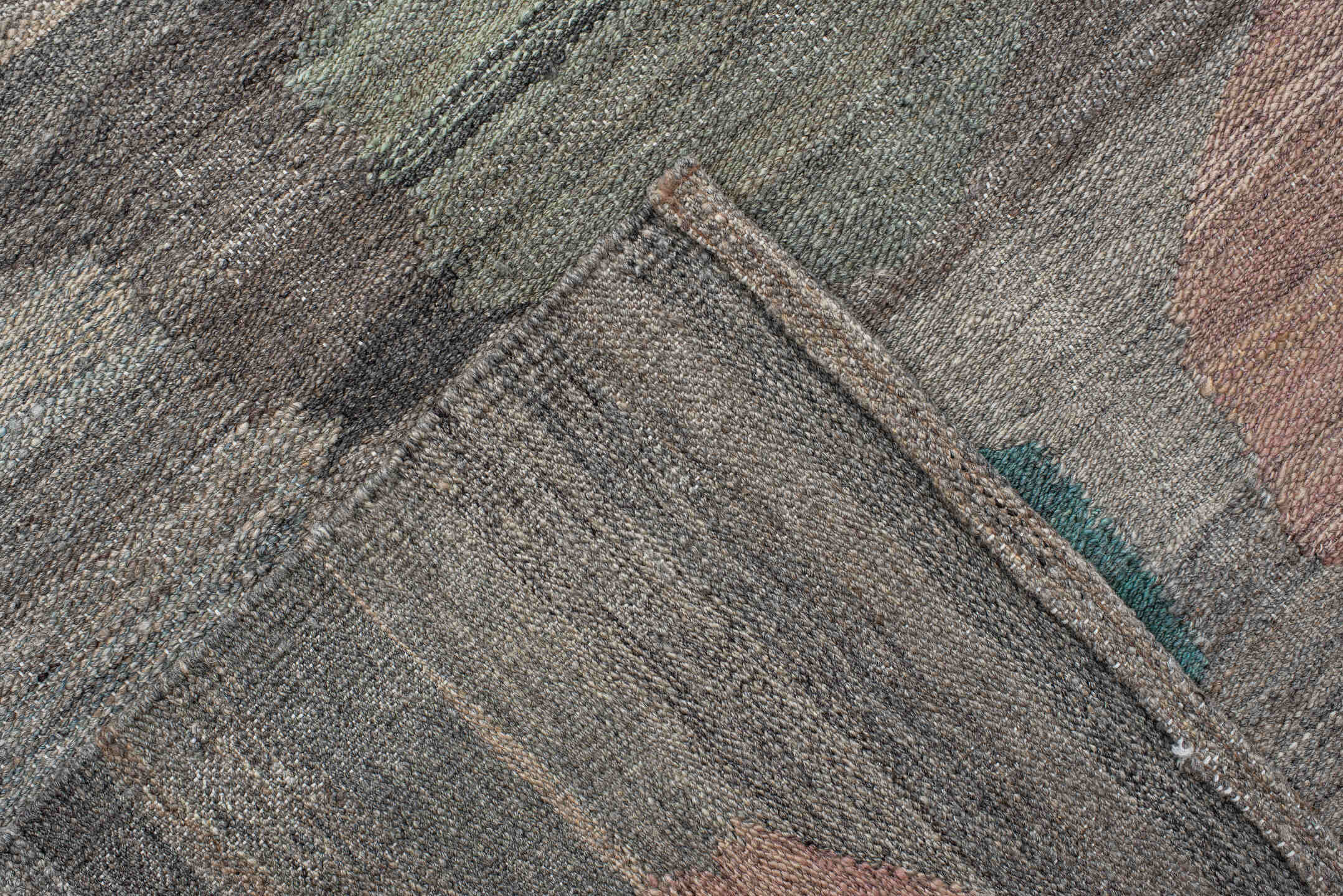 8' x 9' one-of-a-kind handmade vintage Kilim rug. Color palette: gray, taupe, teal, blush, sage, ivory, camel, brown, beige