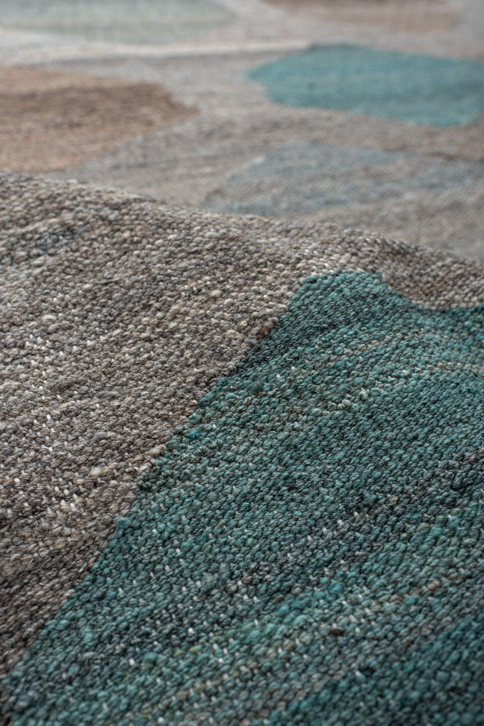 8' x 9' one-of-a-kind handmade vintage Kilim rug. Color palette: gray, taupe, teal, blush, sage, ivory, camel, brown, beige