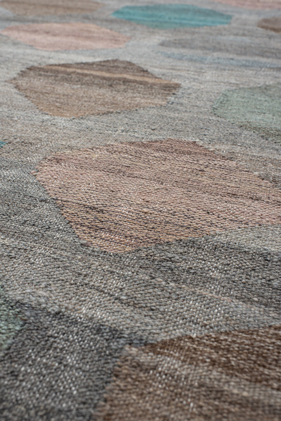 8' x 9' one-of-a-kind handmade vintage Kilim rug. Color palette: gray, taupe, teal, blush, sage, ivory, camel, brown, beige