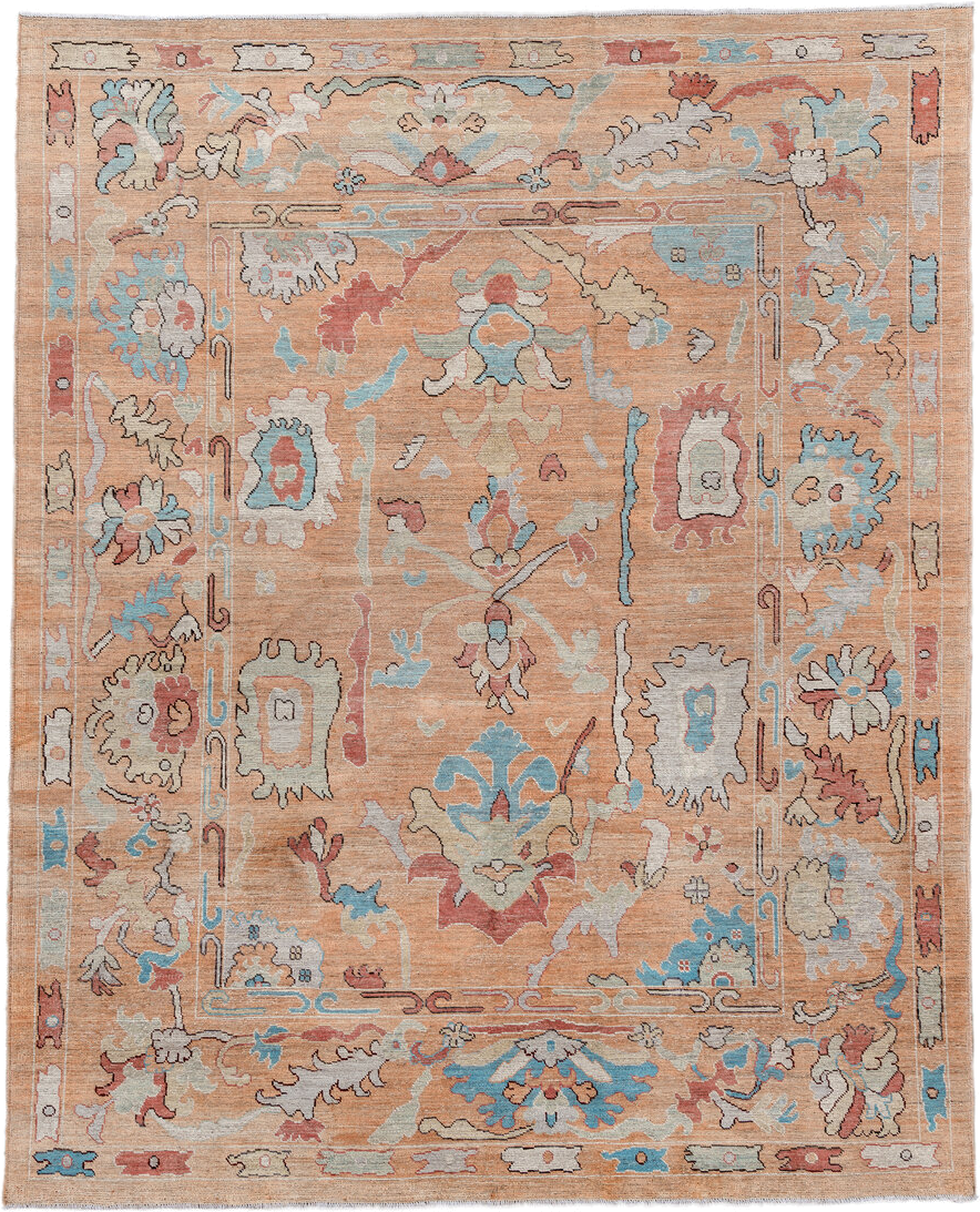 8' x 10' one-of-a-kind handmade vintage Oushak large size rug. Color palette: peach, ivory, sky blue, coral, beige