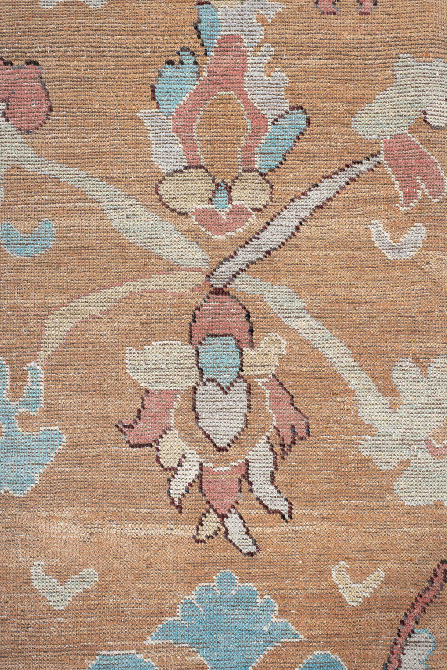 8' x 10' one-of-a-kind handmade vintage Oushak large size rug. Color palette: peach, ivory, sky blue, coral, beige