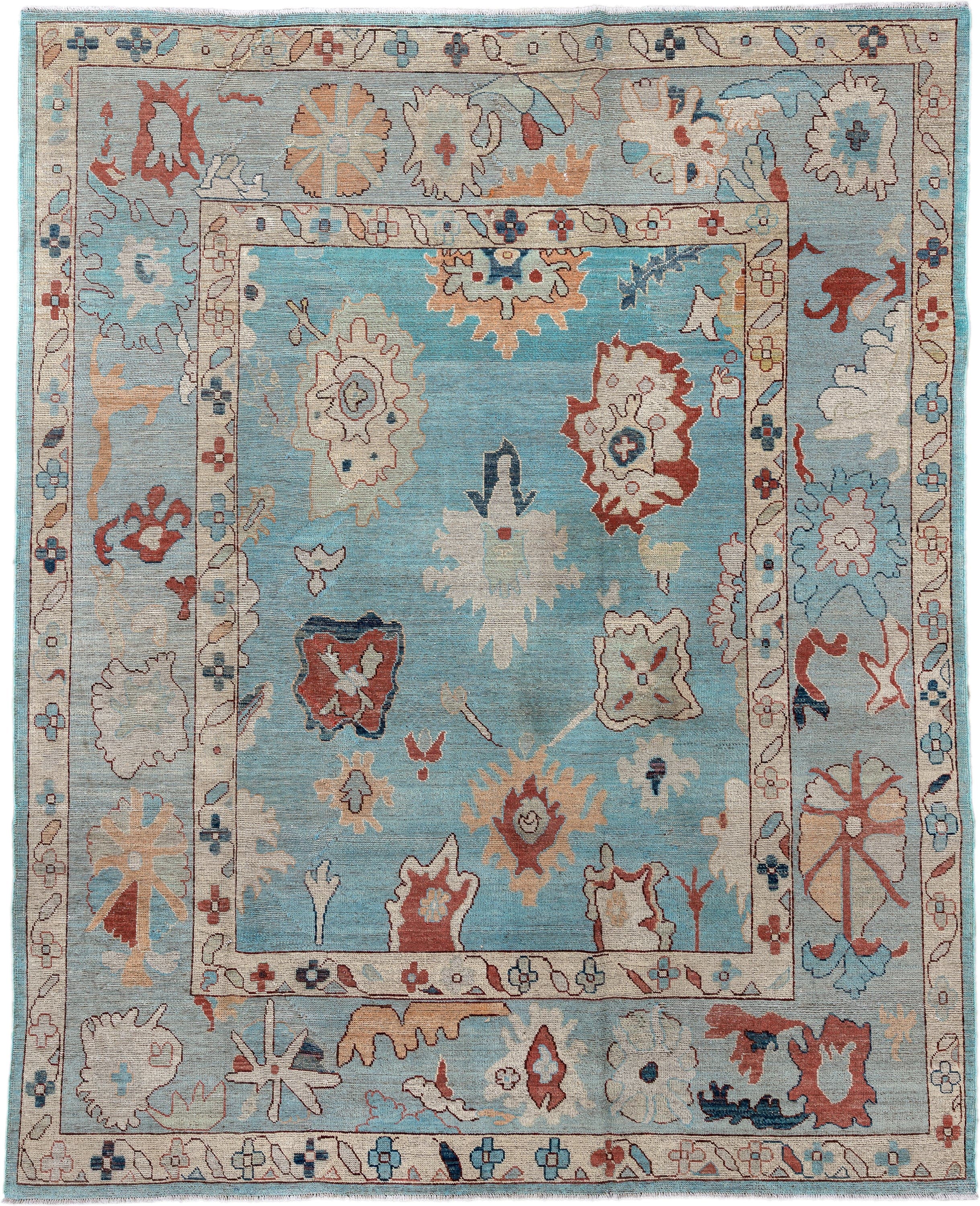 7' x 9' one-of-a-kind handmade vintage Oushak rug. Color palette: sky blue, ivory, pale blue, terra cotta, navy, beige