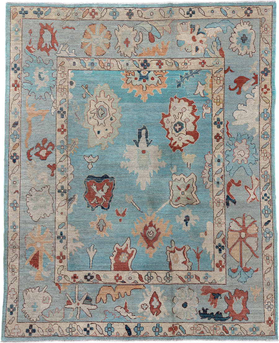 7' x 9' one-of-a-kind handmade vintage Oushak rug. Color palette: sky blue, ivory, pale blue, terra cotta, navy, beige