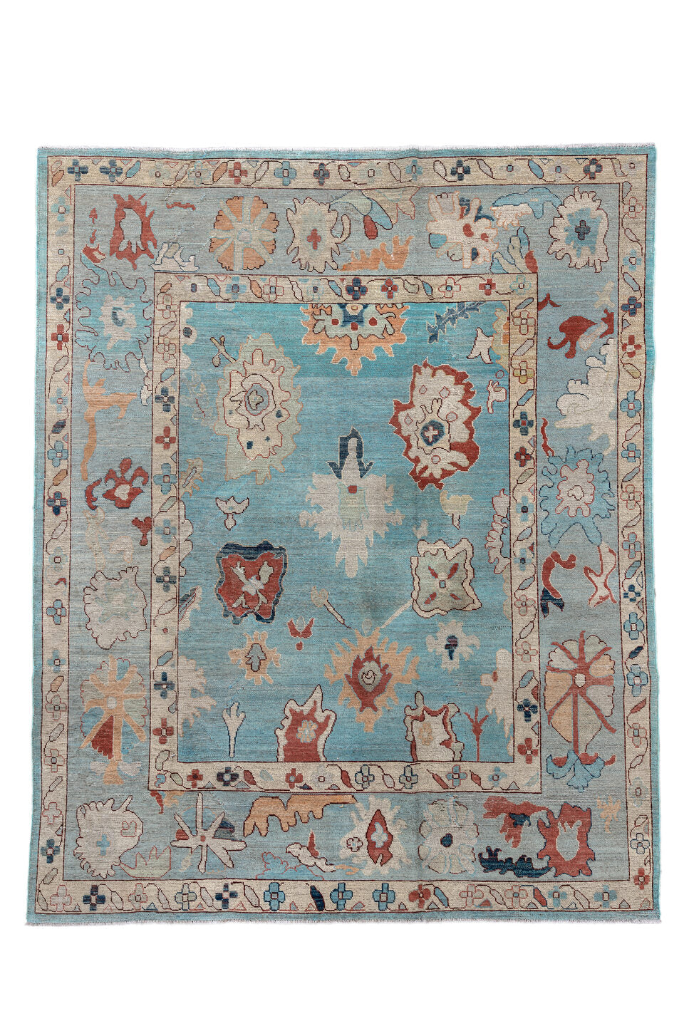 7' x 9' one-of-a-kind handmade vintage Oushak rug. Color palette: blue, brown, dark gray, dim gray, gray, light gray
