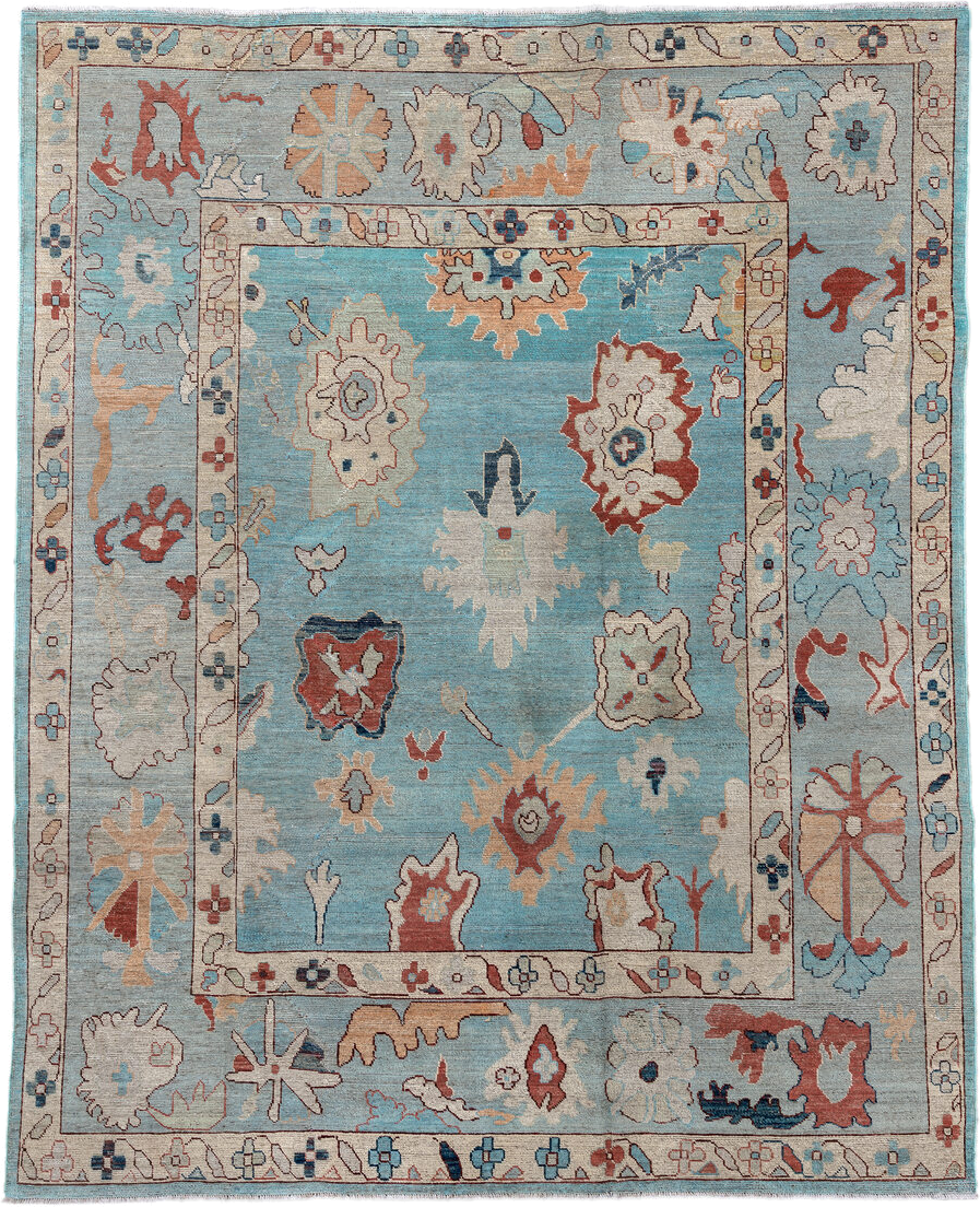 7' x 9' one-of-a-kind handmade vintage Oushak rug. Color palette: sky blue, ivory, pale blue, terra cotta, navy, beige