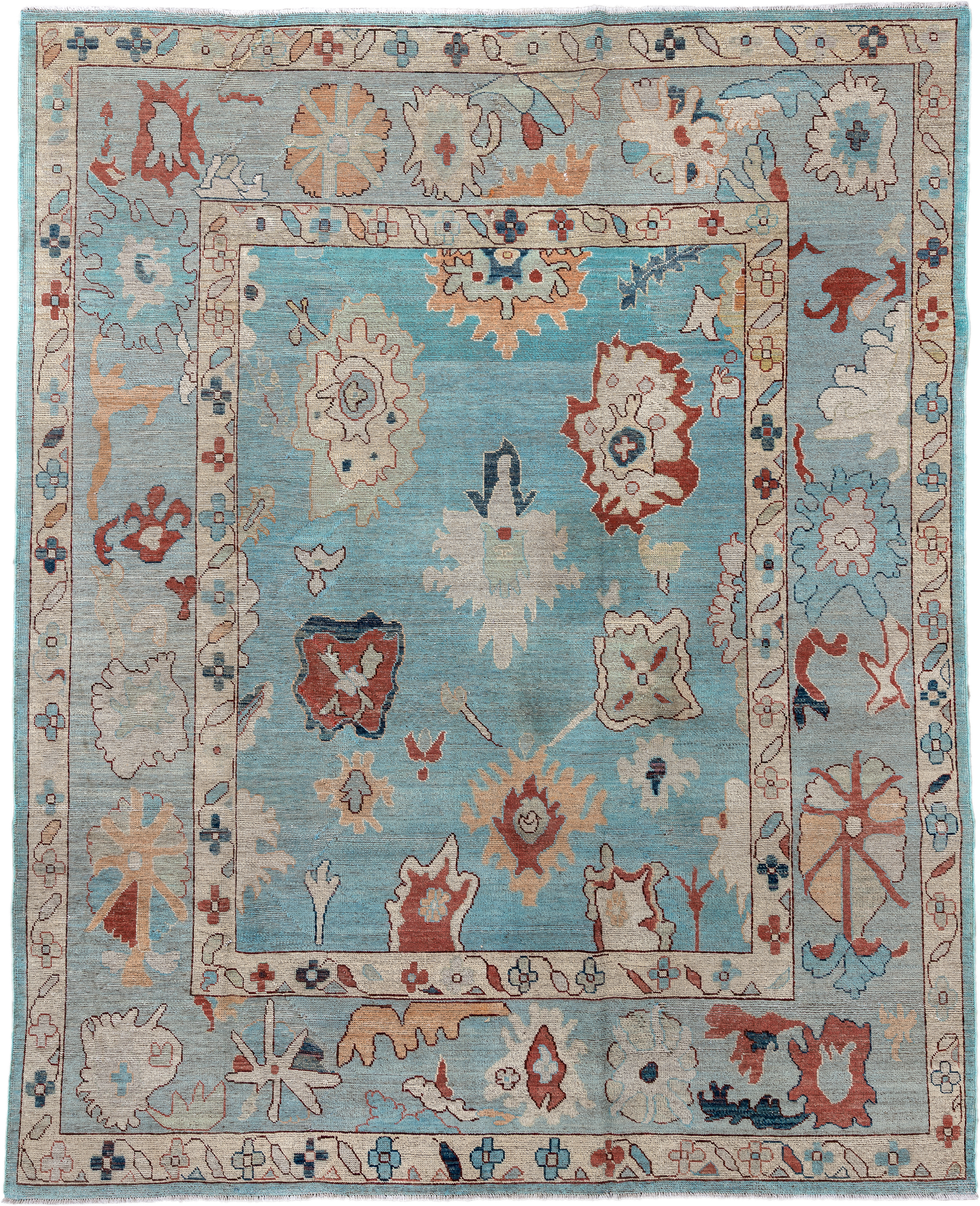 7' x 9' one-of-a-kind handmade vintage Oushak rug. Color palette: sky blue, ivory, pale blue, terra cotta, navy, beige