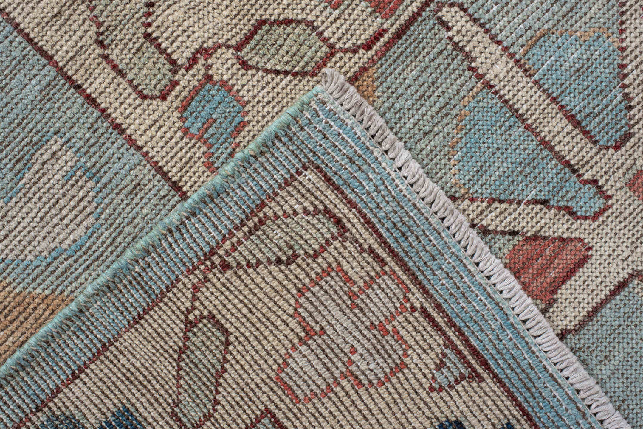 7' x 9' one-of-a-kind handmade vintage Oushak rug. Color palette: sky blue, ivory, pale blue, terra cotta, navy, beige
