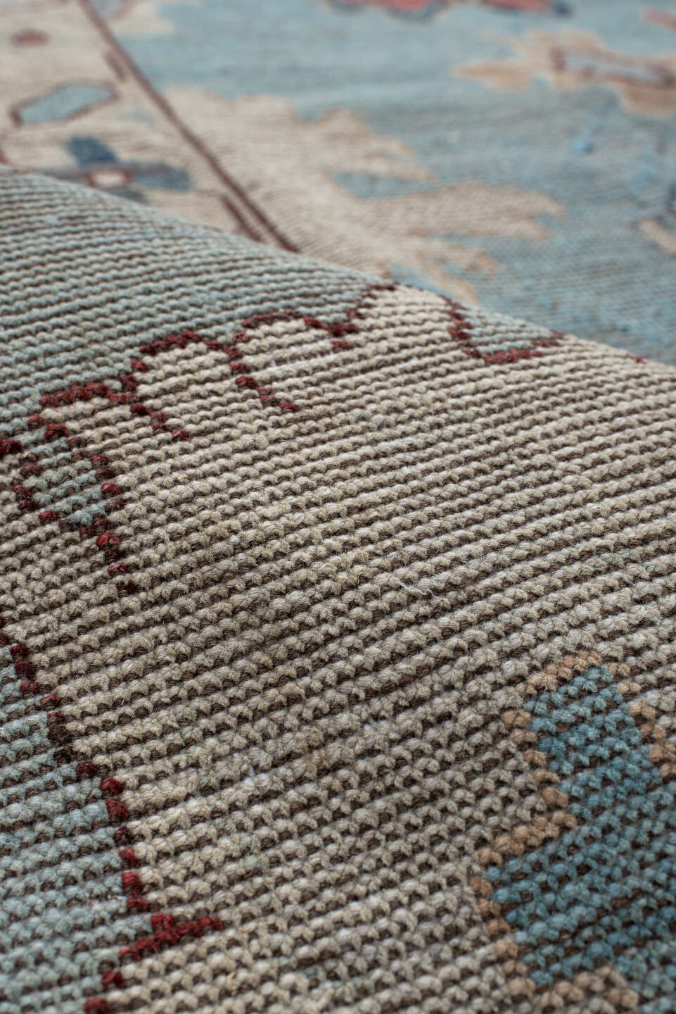7' x 9' one-of-a-kind handmade vintage Oushak rug. Color palette: sky blue, ivory, pale blue, terra cotta, navy, beige