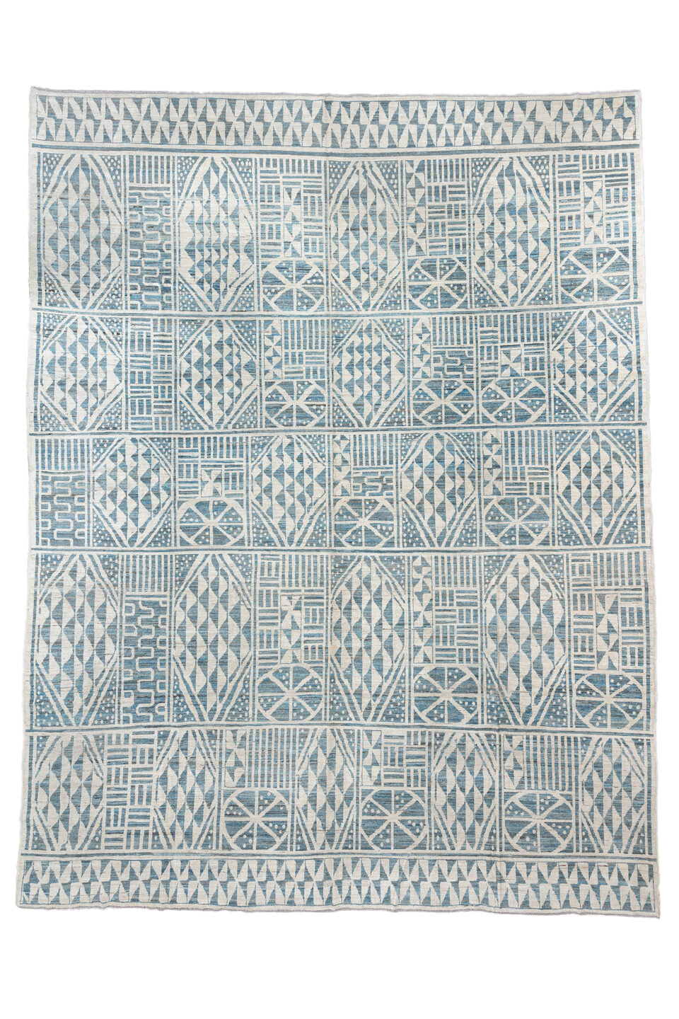 13' x 17' one-of-a-kind handmade vintage Tulu oversize rug. Color palette: blue, dark gray, dim gray, gainsboro, gray
