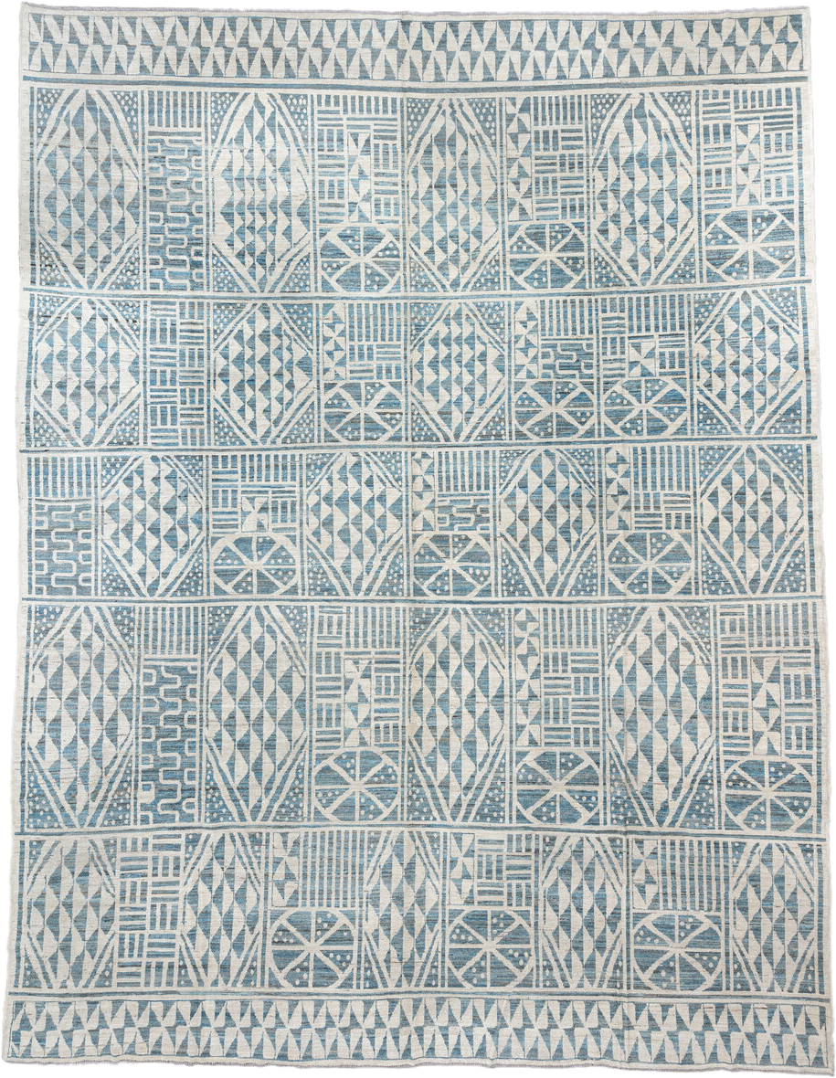 13' x 17' one-of-a-kind handmade vintage Tulu oversize rug. Color palette: ivory, sky blue, pale blue, light blue
