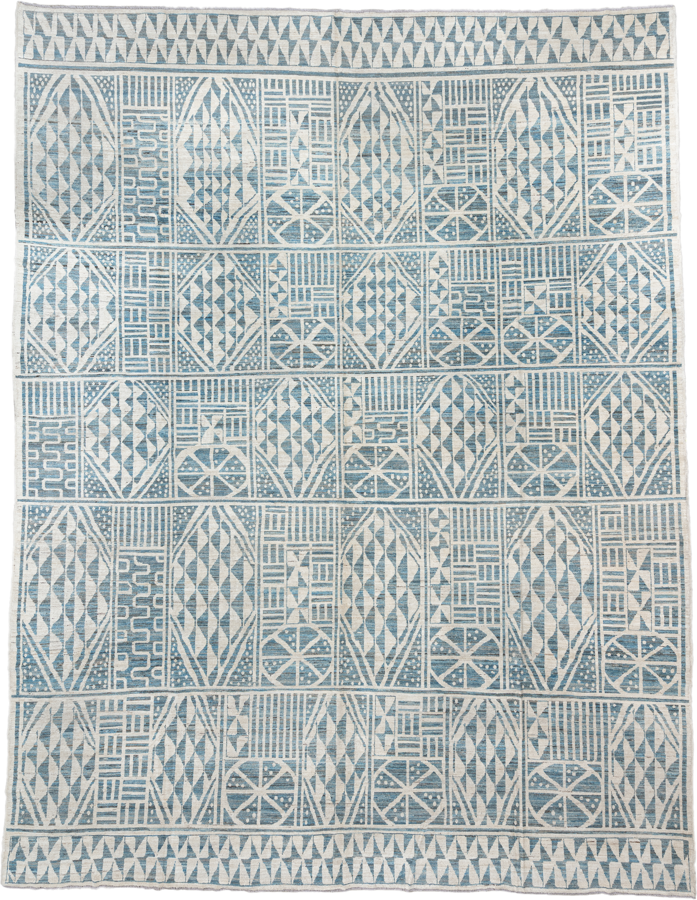 13' x 17' one-of-a-kind handmade vintage Tulu oversize rug. Color palette: ivory, sky blue, pale blue, light blue