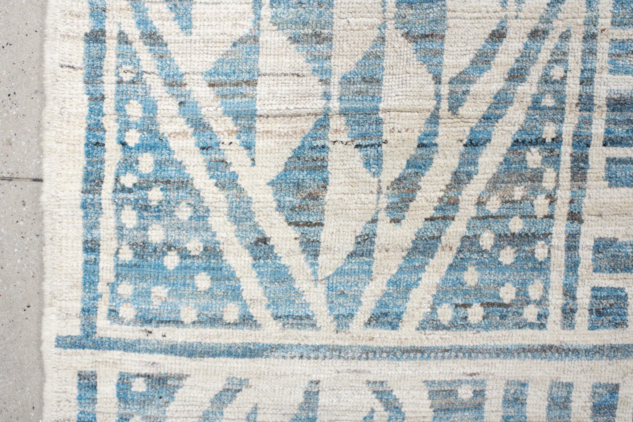 13' x 17' one-of-a-kind handmade vintage Tulu oversize rug. Color palette: ivory, sky blue, pale blue, light blue