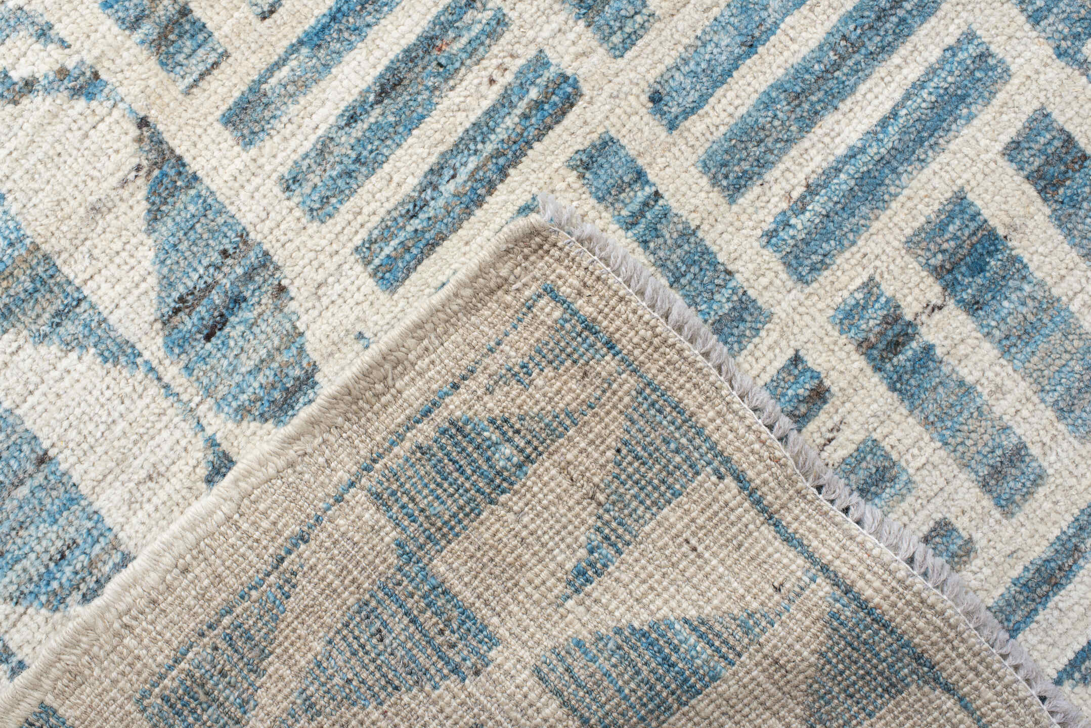 13' x 17' one-of-a-kind handmade vintage Tulu oversize rug. Color palette: ivory, sky blue, pale blue, light blue