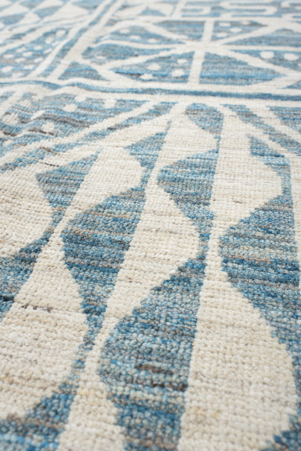 13' x 17' one-of-a-kind handmade vintage Tulu oversize rug. Color palette: ivory, sky blue, pale blue, light blue