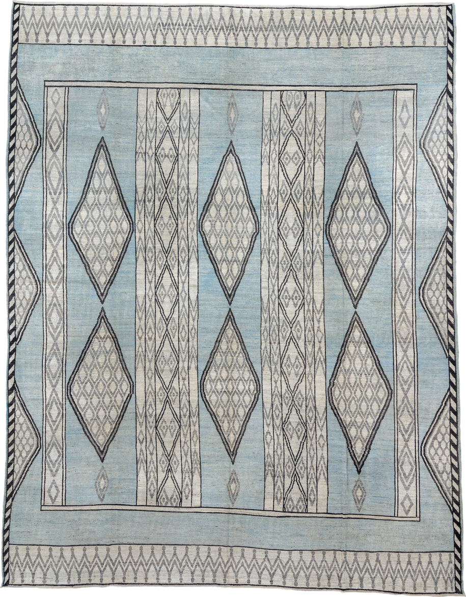 14' x 19' one-of-a-kind handmade vintage Tulu oversize rug. Color palette: pale blue, ivory, charcoal, gray, light blue