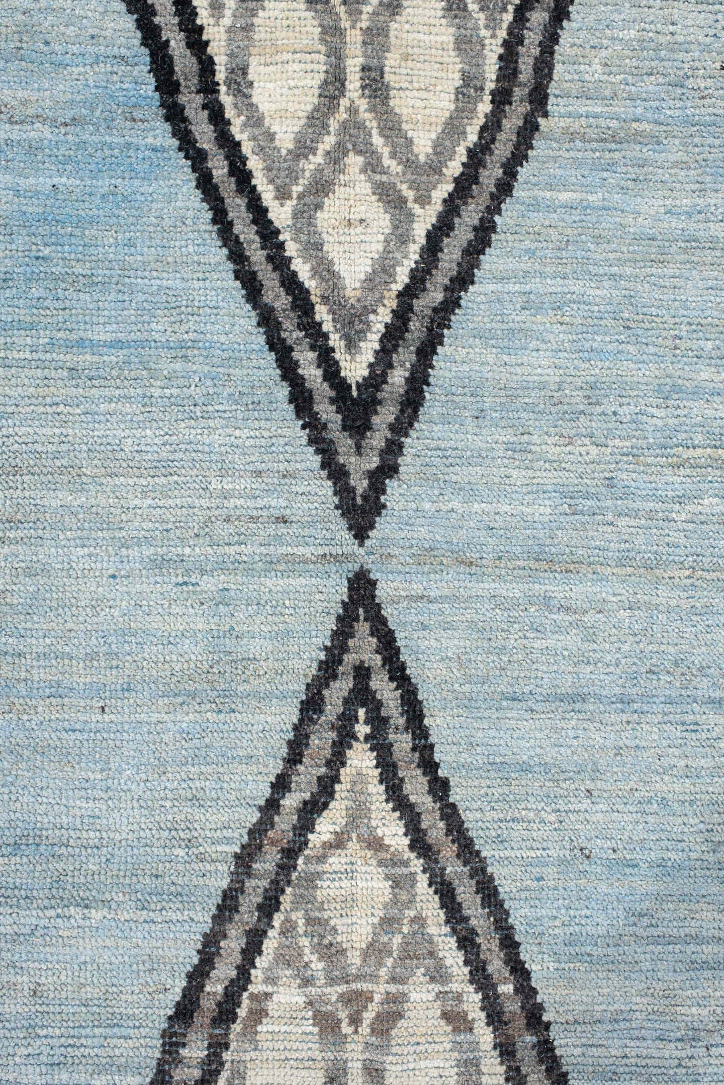 14' x 19' one-of-a-kind handmade vintage Tulu oversize rug. Color palette: pale blue, ivory, charcoal, gray, light blue