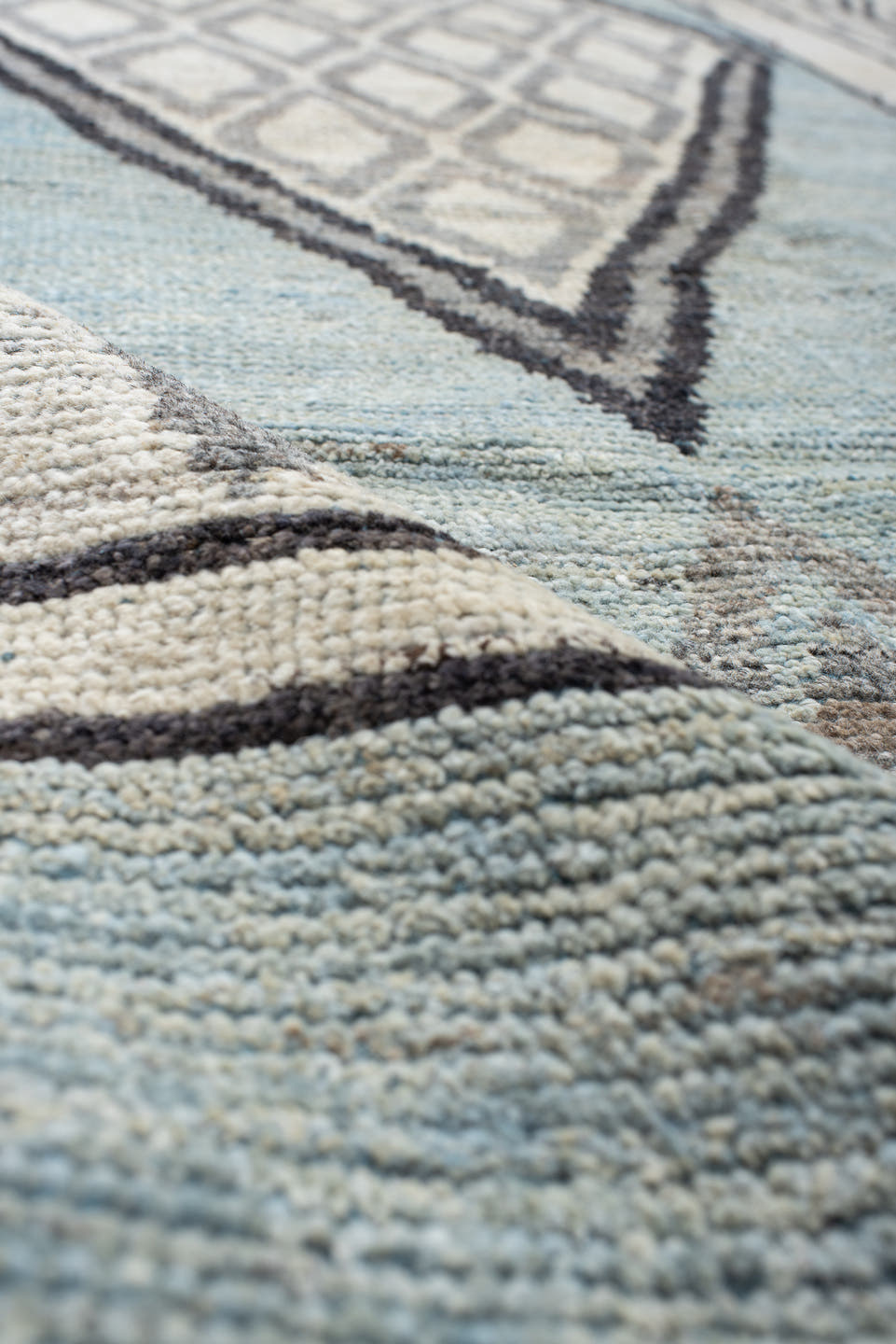 14' x 19' one-of-a-kind handmade vintage Tulu oversize rug. Color palette: pale blue, ivory, charcoal, gray, light blue