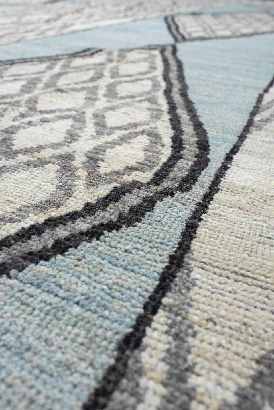 14' x 19' one-of-a-kind handmade vintage Tulu oversize rug. Color palette: pale blue, ivory, charcoal, gray, light blue