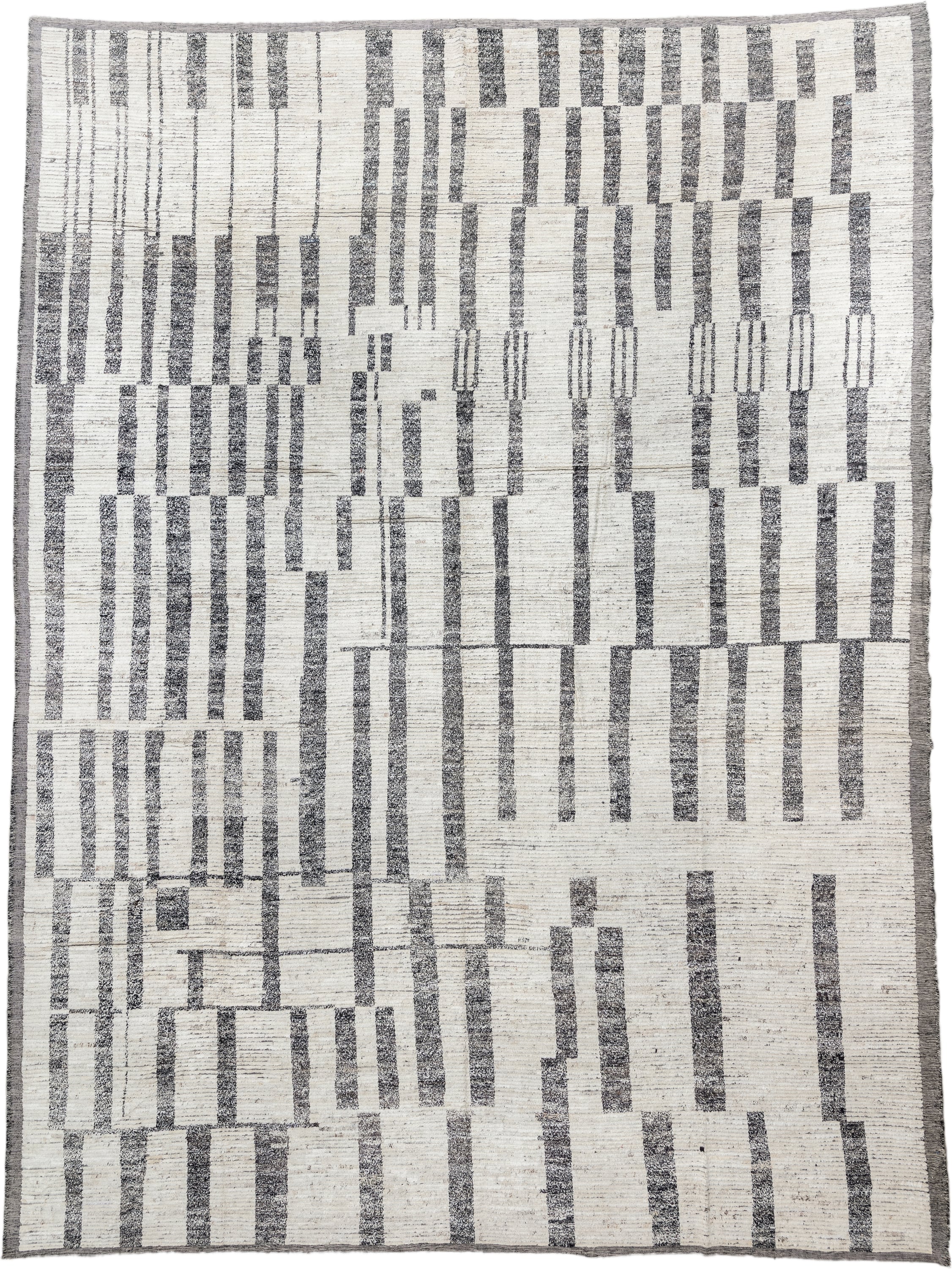 14' x 19' one-of-a-kind handmade vintage Tulu oversize rug. Color palette: ivory, charcoal, gray, black