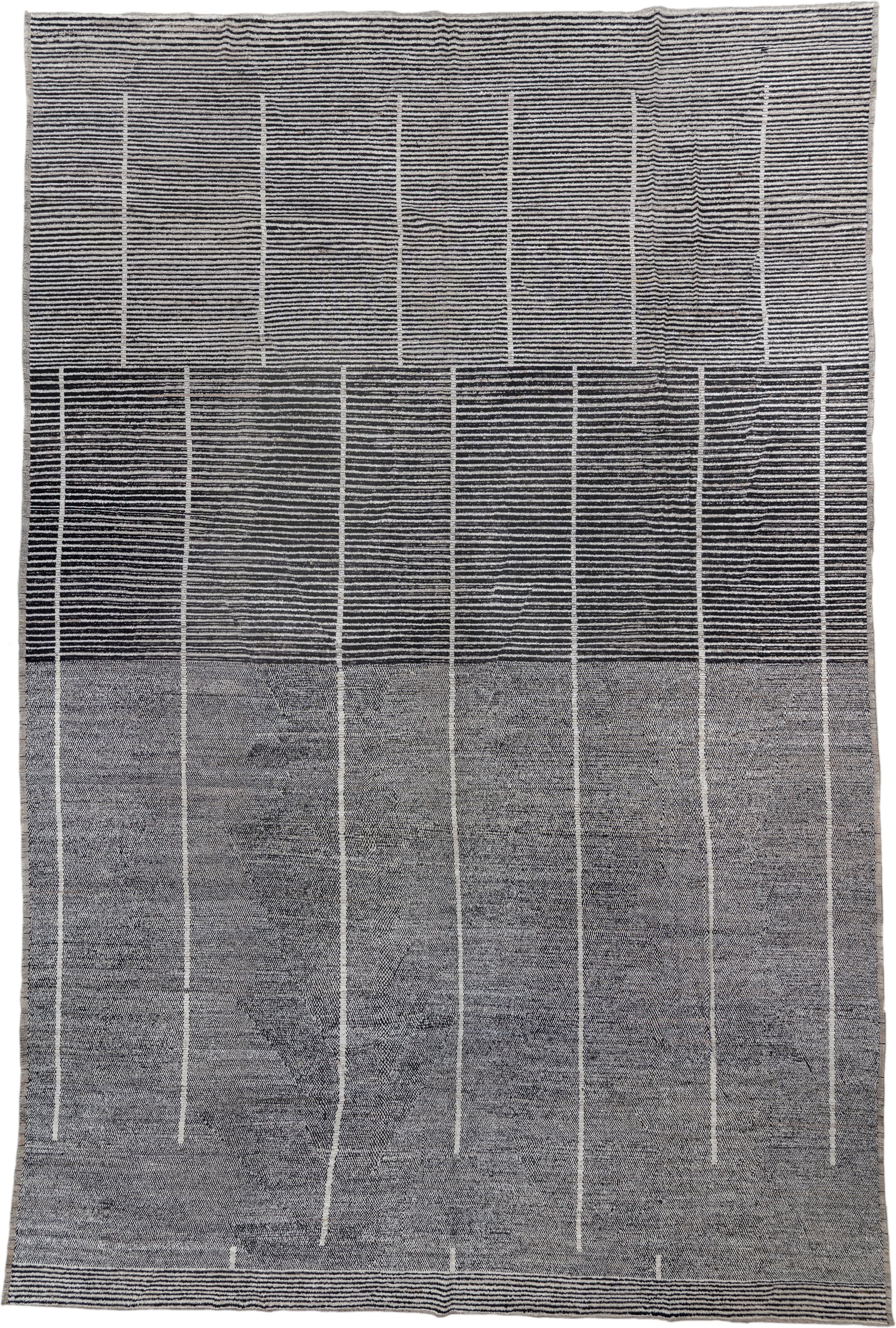 14' x 22' one-of-a-kind handmade vintage Tulu oversize rug. Color palette: charcoal, ivory, gray, black