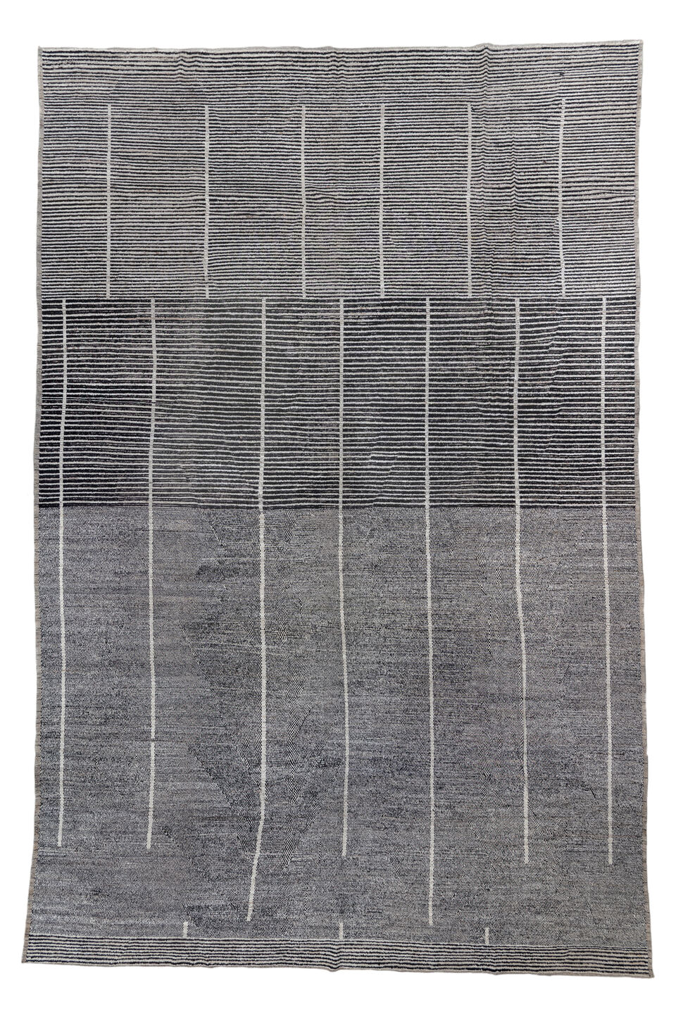 14' x 22' one-of-a-kind handmade vintage Tulu oversize rug. Color palette: black, charcoal, dark gray, dim gray, gainsboro