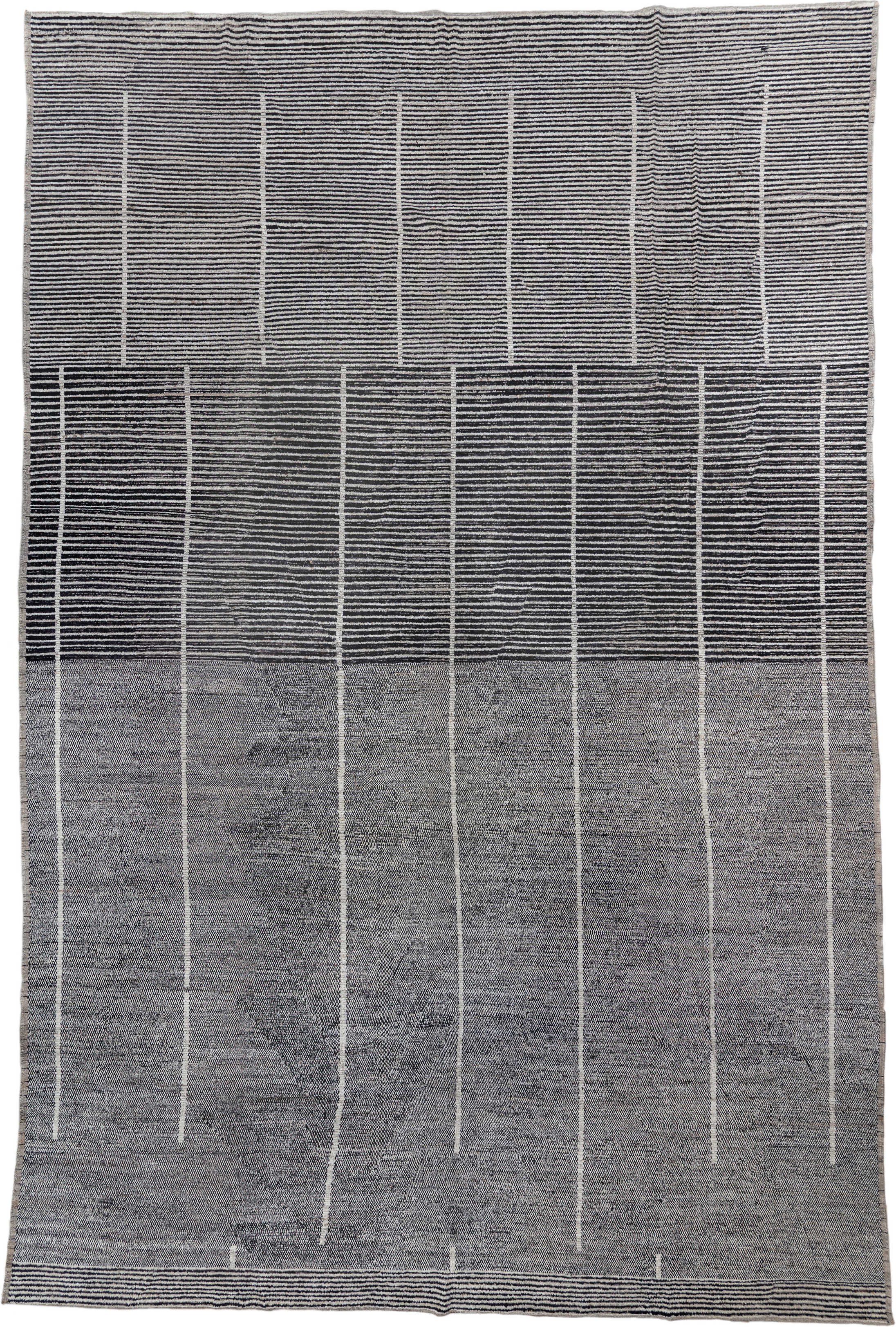 14' x 22' one-of-a-kind handmade vintage Tulu oversize rug. Color palette: charcoal, ivory, gray, black
