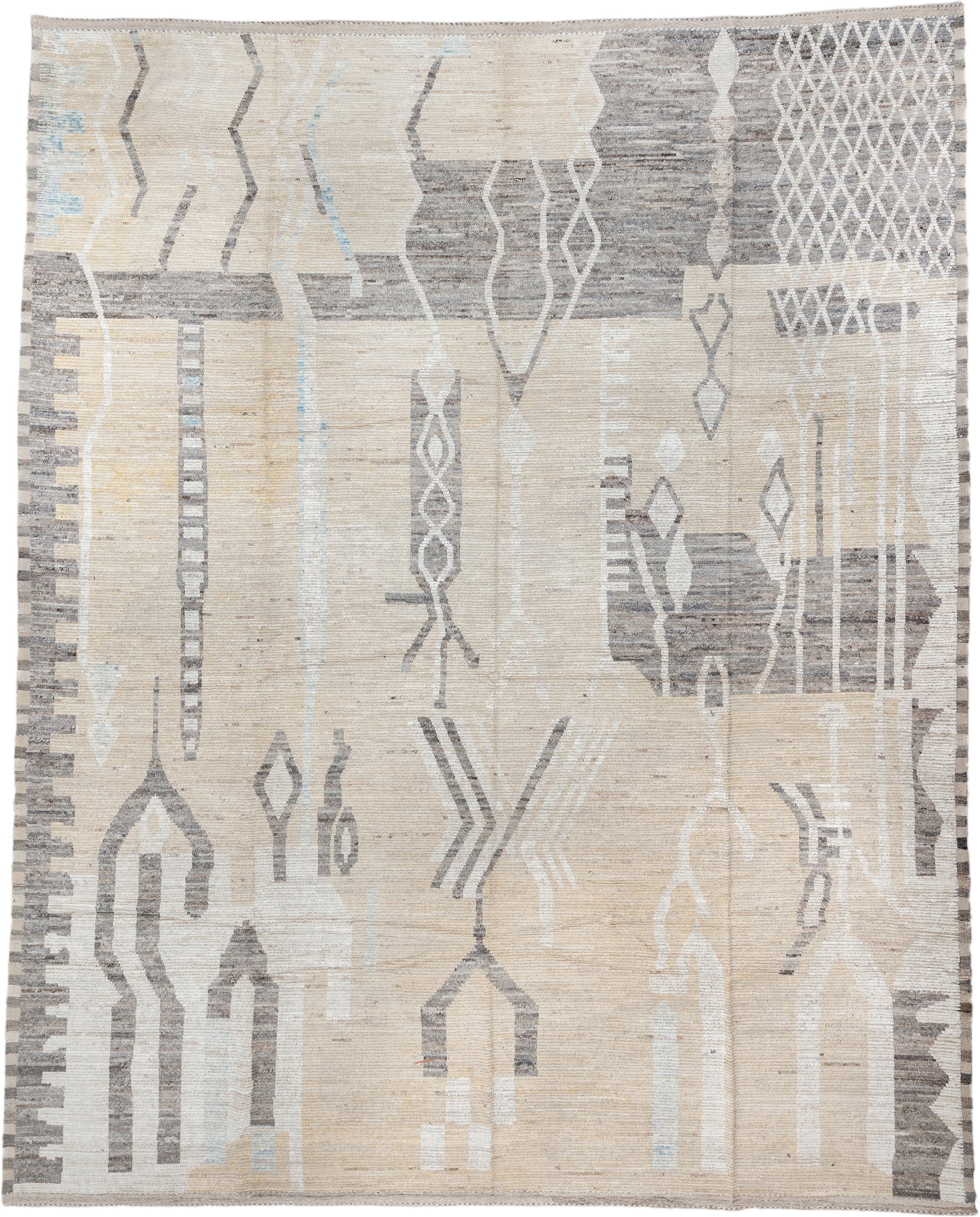 13' x 16' one-of-a-kind handmade vintage Tulu oversize rug. Color palette: ivory, taupe, gray, charcoal, cream, pale_blue