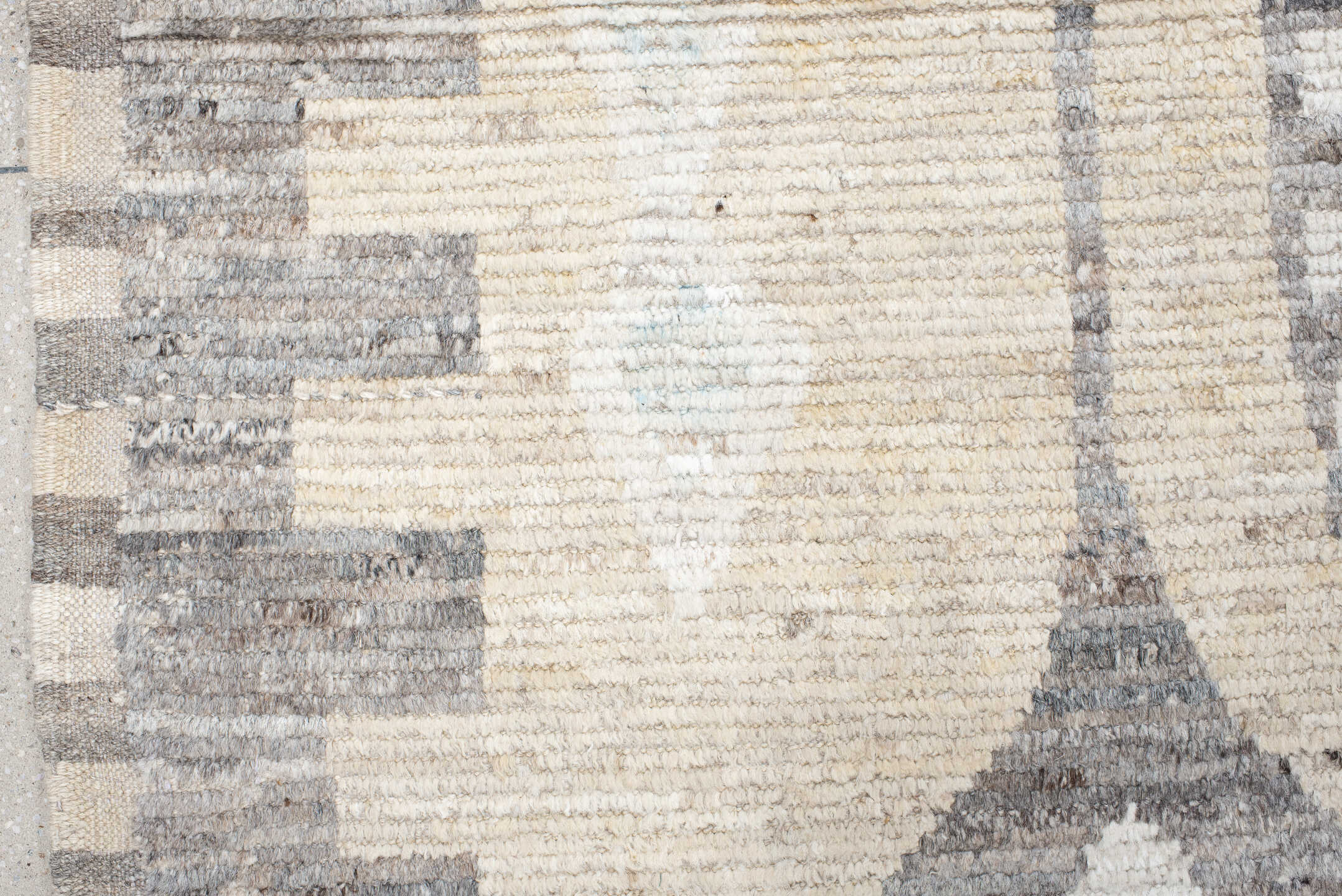 13' x 16' one-of-a-kind handmade vintage Tulu oversize rug. Color palette: ivory, taupe, gray, charcoal, cream, pale_blue