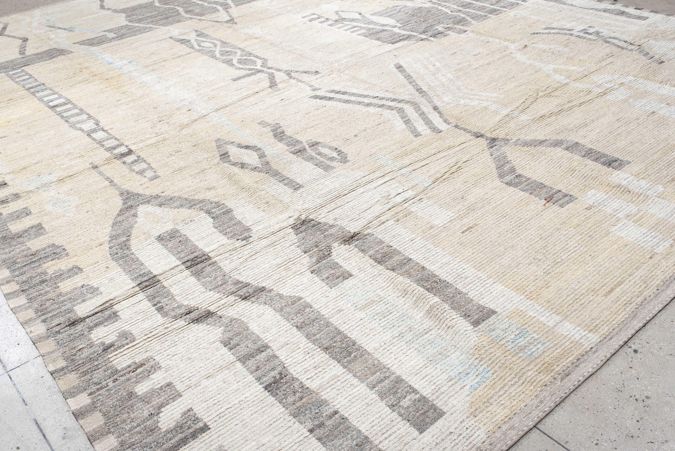 13' x 16' one-of-a-kind handmade vintage Tulu oversize rug. Color palette: ivory, taupe, gray, charcoal, cream, pale_blue