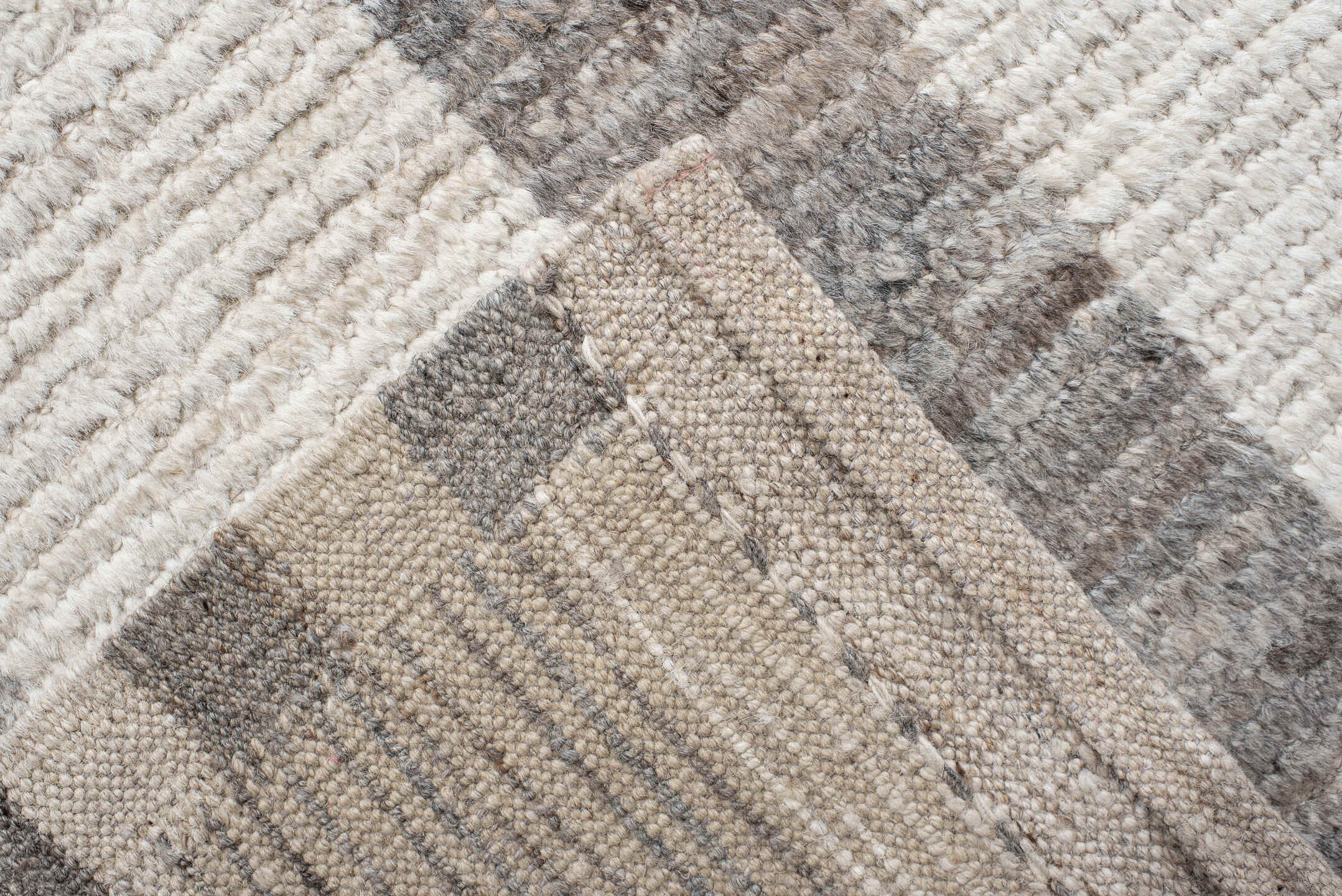 13' x 16' one-of-a-kind handmade vintage Tulu oversize rug. Color palette: ivory, taupe, gray, charcoal, cream, pale_blue