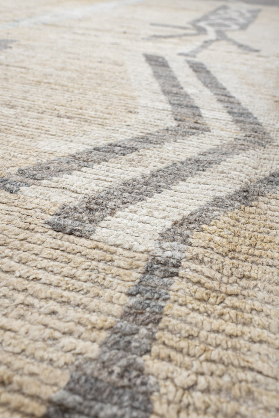13' x 16' one-of-a-kind handmade vintage Tulu oversize rug. Color palette: ivory, taupe, gray, charcoal, cream, pale_blue