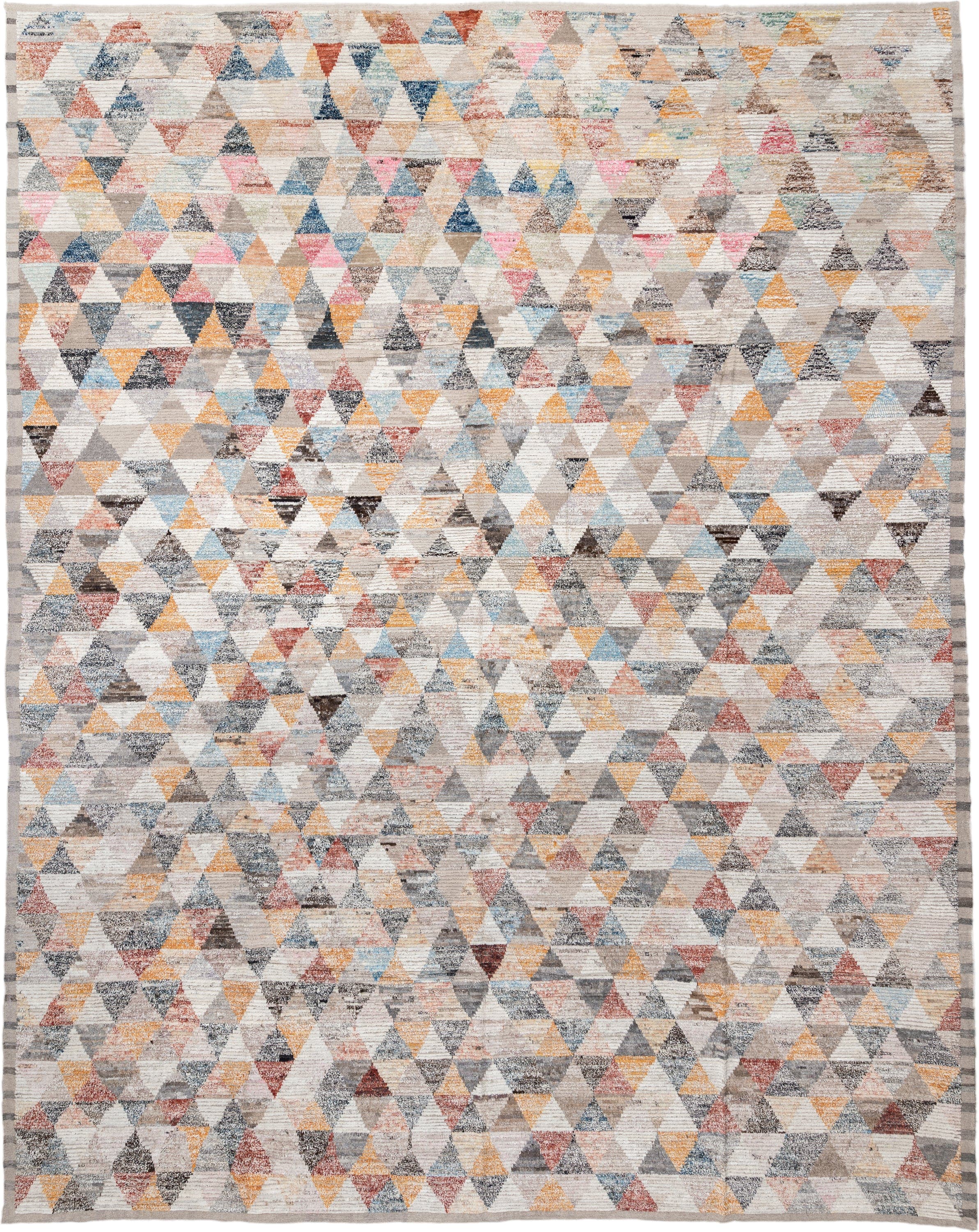 16' x 20' one-of-a-kind handmade vintage Tulu oversize rug. Color palette: ivory, gray, taupe, sky blue, gold, coral