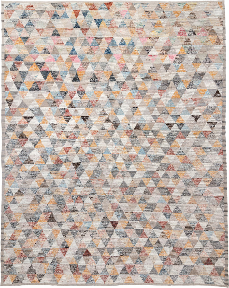 16' x 20' one-of-a-kind handmade vintage Tulu oversize rug. Color palette: ivory, gray, taupe, sky blue, gold, coral