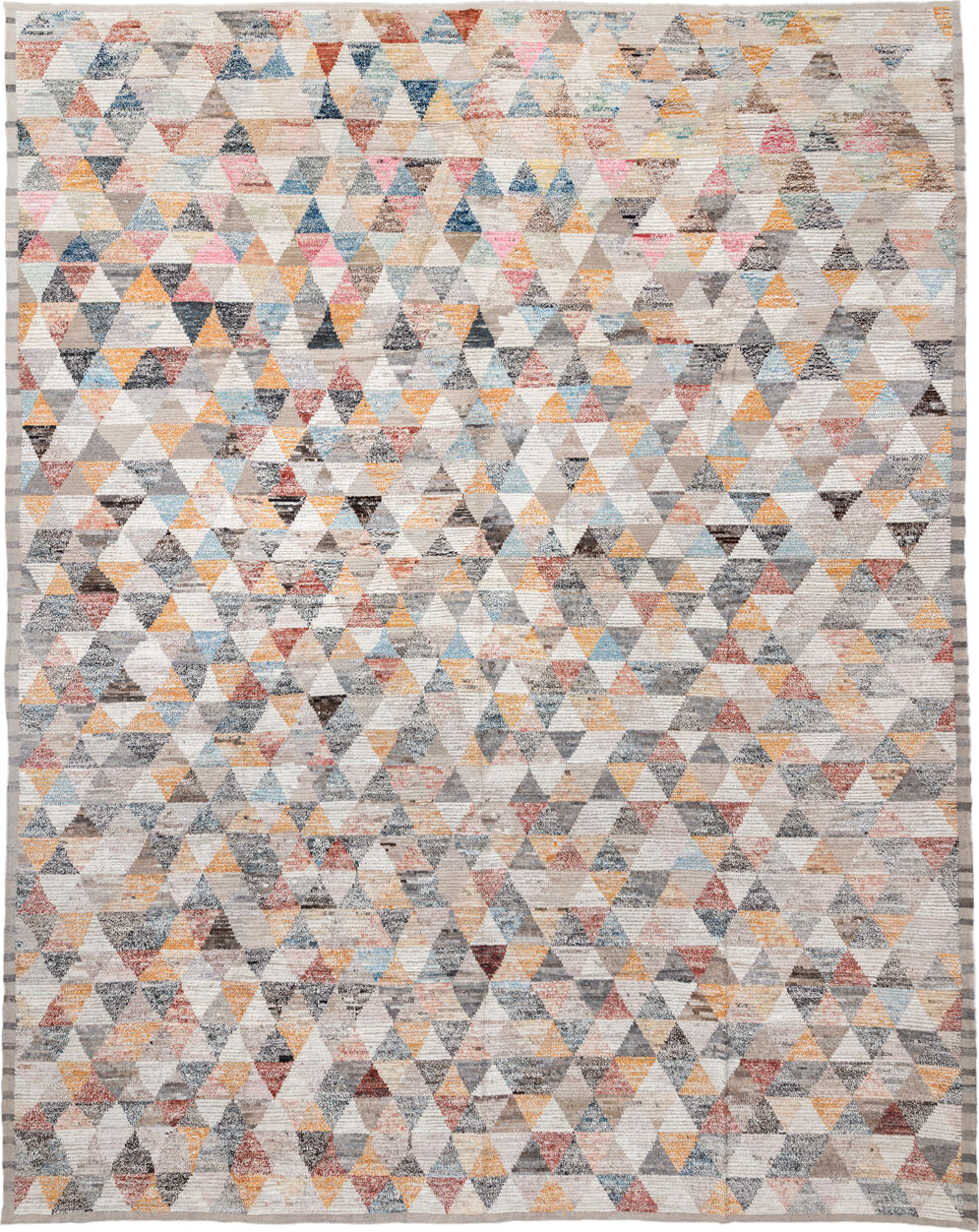 16' x 20' one-of-a-kind handmade vintage Tulu oversize rug. Color palette: ivory, gray, taupe, sky blue, gold, coral