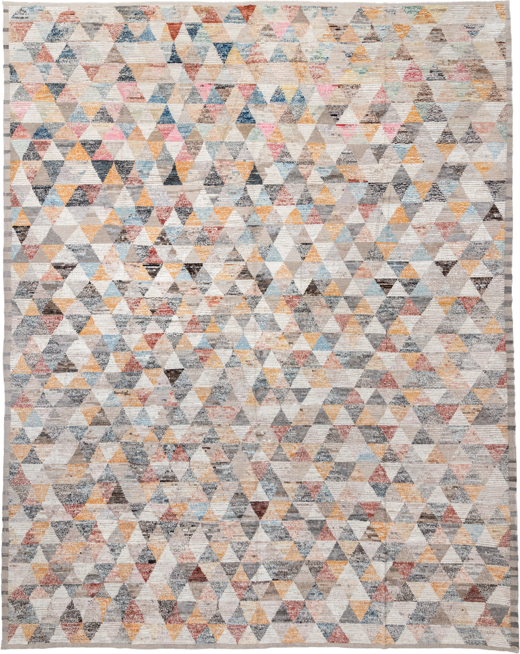 16' x 20' one-of-a-kind handmade vintage Tulu oversize rug. Color palette: ivory, gray, taupe, sky blue, gold, coral